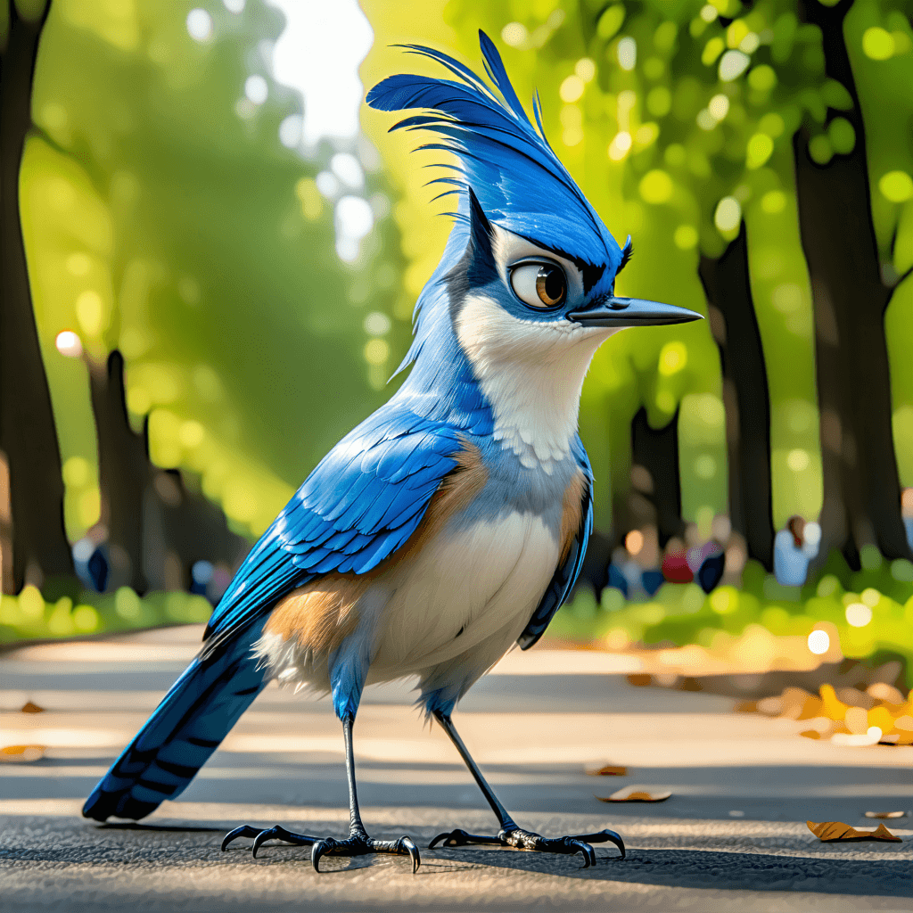 Envision a photorealistic portrayal of Mordecai from Regular Show, captured with soft ambient lighting that gently accentuates his sleek, blue feathers and the subtle fur texture that whispers of realism. The scene is set in the iconic park where most of their adventures unfold, with a background blur gradient lending depth and focusing attention on Mordecai. He stands in a dynamic, natural pose, sunlight filtering through his feathers creating dynamic lighting effects, highlighting the intricate details of his appearance and the expressive intensity of his focused gaze. His eyes, reflective and full of life, draw us into the moment, while the realism of his skin, including faint imperfections, adds to the authenticity. Mordecai’s clothing, casual yet defining his personality, showcases the realism of wrinkles and folds, harmonizing with the color accuracy that brings the entire scene to life. This image, in 8k resolution, aims for a cinematic composition, with a sharp focus on Mordecai, ensuring every detail from the environmental context to the mood, from texture to lighting, contributes to a masterpiece of realism.