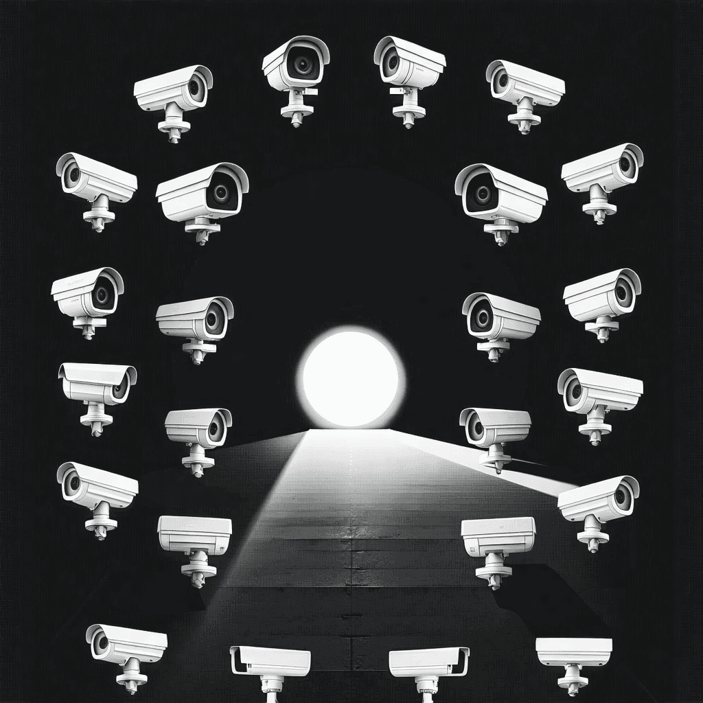 Envision a powerful poster capturing the essence of a surveillance society. Center stage, a collection of CCTV cameras, meticulously arranged to face inward towards a glowing, empty space, hinting at the omnipresent watchful eye. The composition should be strikingly symmetrical, each camera contributing to a sense of orchestrated vigilance. Employ a monochromatic color scheme to underscore the theme, with a grainy texture overlay that adds a tactile depth. Lighting is crucial; a spotlight effect should illuminate the cameras and the glowing center, creating a dramatic contrast. From a bird's eye view, the perspective adds an authoritative feel, while glitch effects on the edges of the cameras suggest a digital fragility. Typography, bold and professional, is centered within the glowing space, echoing the poster's central theme. The entire scene is framed within a frame, drawing the viewer's eye inward, with close-up shots of the cameras to capture every intricate detail. This poster is not merely an image but a narrative on the pervasive nature of surveillance.