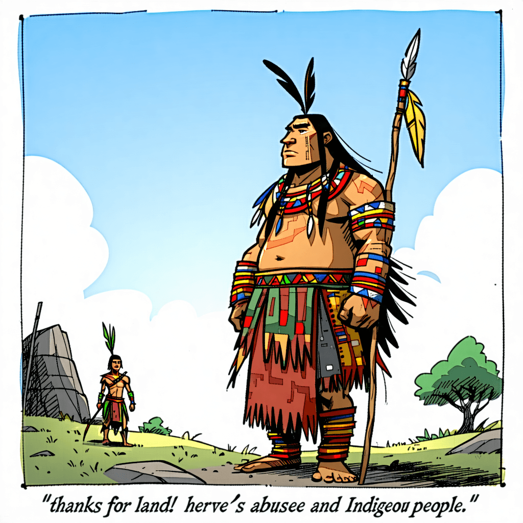 Got it — you're looking for a **political cartoon-style animation** that deals with **Indigenous history and rights**, using **sarcasm** to expose the **abuse and mistreatment** Indigenous people faced. Here's a **detailed concept** for your cartoon, which you can either draw or I can help generate if you'd like a visual.

---

### 🎨 **Political Cartoon Concept: “Thanks for the Land! Here’s a Blanket.”**

**Style:** Classic editorial cartoon — exaggerated expressions, caricatured political figures, sepia tones or newsprint-style shading.

---

### 🖼️ **Scene Description (single panel):**

**Foreground:**

* A smug-looking 1700s **colonizer** in pristine European military attire grins ear-to-ear. He's labeled **"Civilization"** on his sash.
* He’s handing a **smallpox-infected blanket** to a confused-looking Indigenous elder, labeled **“Wisdom of 10,000 Years”**.
* The colonizer is holding a big deed that reads: “**Land Ownership Contract – Signed: Totally One-Sided Treaty**”.

**Middle ground:**

* Behind the colonizer are modern-day political figures in suits (caricatures of government types), holding **"Truth and Reconciliation"** signs — but they’re **erasing the Indigenous man from history books** or building pipelines through his land in the background.

**Background:**

* A pile labeled "**Promises**" is literally on fire — a giant burning stack of documents: "Education Access", "Clean Water Act", "Land Back Agreements", "Residential School Reparations".

**Sarcastic Caption at the Bottom:**

> “Wow! What a fair trade — thousands of years of culture for a blanket and a broken promise!”

---

### 🎭 **Symbolism / Details:**

* The Indigenous figure’s clothing is detailed and dignified, while his expression is weary but noble.
* A crying child ghost in the corner with a **residential school uniform** symbolizes generational trauma.
* A “**Progress**” highway sign plows through a sacred mountain in the distance.
* There’s a pipeline shaped like a **snake** wrapping around a totem pole.

---

Would you like me to **generate this image** for you, or help you adapt it into a storyboard or animation format?
