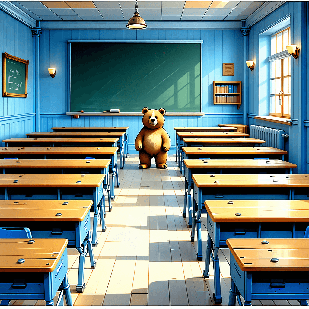 Craft a whimsical story illustration capturing a black and white 1940s school classroom, brought to life with an animated bear character straight out of Goldilocks and the Three Bears. This classroom, meticulously arranged in rows with two students per desk, showcases gender-specific pairings—blue desks for boys and pink for girls, as per the teacher's strict arrangement. The desks, old and wooden, vary in size and height, adding a playful dynamism to the composition. Our friendly bear, with its child-like innocence and soft, rounded features, is caught in a moment of playful interaction with a surprised student. The scene should be drawn as if by a child's hand, with thick, uneven lines and basic shapes, yet filled with rich, storybook details. Incorporate vintage classroom elements like a chalkboard, a globe, books, and a vintage clock, all bathed in soft, diffused lighting that adds a warm, inviting ambiance. A colorful stack of storybooks rests on a shelf, and the blackboard comes alive with chalk drawings that morph as the bear engages with the classroom. Subtle, whimsical details like a paper airplane hanging from the ceiling and a poster outlining basic classroom rules ('Raise your hand', 'Listen attentively') enhance the narrative. The color palette should be rich in muted tones—sepia, beige, and olive green—echoing the vintage theme.