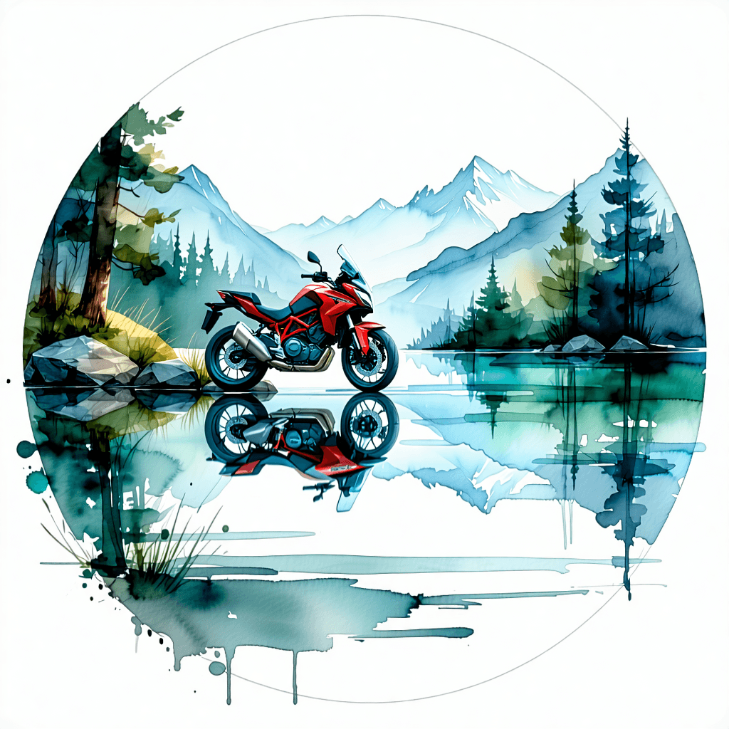 "Design a soft, serene concept art for a watercolor style image, meant for a t-shirt print. The scene features a Ducati Multistrada V4 motorcycle resting peacefully beside an idyllic alpine lake, its reflection dancing on the water surface. The motorcycle is portrayed with delicate, elegant lines, capturing its innovative design. The artwork should be in a circular composition, emphasizing tranquility and harmony. The color palette should be filled with pastel, low contrast hues, emphasizing the peaceful