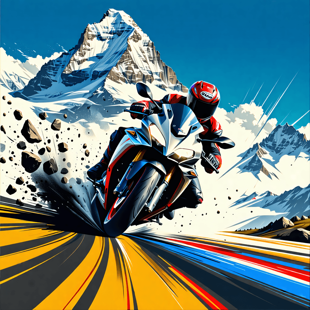 Create a vibrant, dynamic concept art for a photo realistic style image, destined for a t-shirt print. The masterpiece should capture a Ducati Multistrada V4 motorcycle in full glory, sliding sideways with an extreme lean angle, its tires kicking up stones, adding a gritty texture to the scene. This moment of pure adrenaline is set against the backdrop of a majestic alpine mountain, its silhouette adding to the drama. The composition should be diagonal, emphasizing movement, with the motorcycle characterized by sleek, futuristic lines. Bold, dynamic lines should define the forms, while the color palette bursts with vibrant, high-contrast colors, enhancing the dramatic interplay of light and shadow. Subtle wind effects should animate the stones, and a careful application of motion blur should suggest the motorcycle's high speed. The scene is completed with the iconic Ducati logo seamlessly integrated, declaring the brand's presence. This concept art should not only capture the spirit of adventure but also the cutting-edge design of the Ducati Multistrada V4, making it an irresistible print for enthusiasts.
