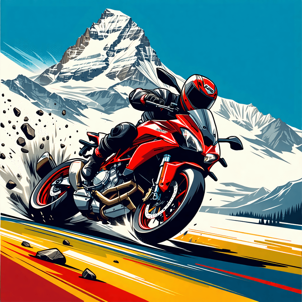 Create a vibrant, dynamic concept art for a cartoon graphic style image, destined for a t-shirt print. The masterpiece should capture a Ducati Multistrada V4 motorcycle in full glory, sliding sideways with an extreme lean angle, its tires kicking up stones, adding a gritty texture to the scene. This moment of pure adrenaline is set against the backdrop of a majestic alpine mountain, its silhouette adding to the drama. The composition should be diagonal, emphasizing movement, with the motorcycle characterized by sleek, futuristic lines. Bold, dynamic lines should define the forms, while the color palette bursts with vibrant, high-contrast colors, enhancing the dramatic interplay of light and shadow. Subtle wind effects should animate the stones, and a careful application of motion blur should suggest the motorcycle's high speed. The scene is completed with tiny figures to establish a sense of scale and the iconic Ducati logo seamlessly integrated, declaring the brand's presence. This concept art should not only capture the spirit of adventure but also the cutting-edge design of the Ducati Multistrada V4, making it an irresistible print for enthusiasts.