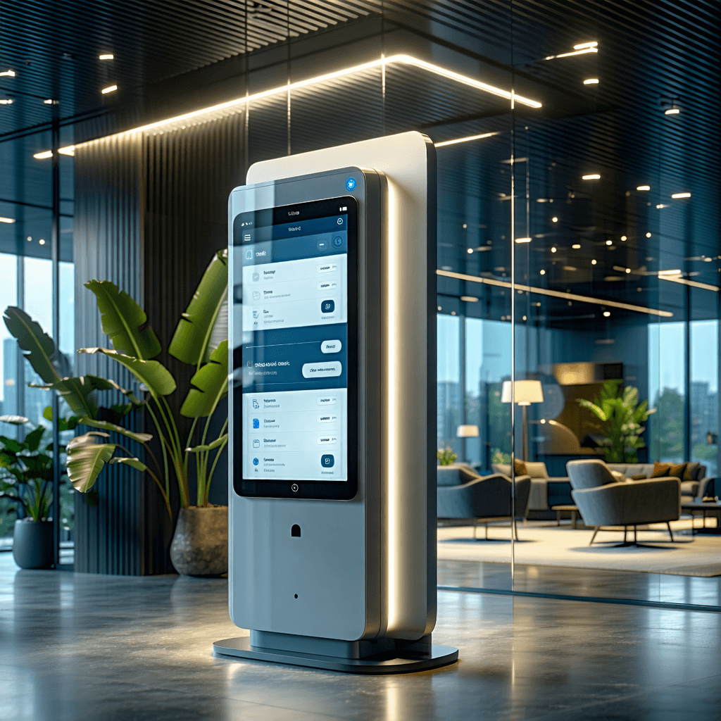 Create a photorealistic image capturing a modern, minimalist information sign designed with sleek glass and subtle curves, set against the dynamic backdrop of a contemporary office environment. The sign, bathed in soft ambient lighting, features an interactive touch screen and tactile buttons, each with clear, sharp labels and subtle highlights indicating their usability. Incorporate dynamic button animations to showcase the sign's interactive nature, with a focus on modern design elements such as a clean, minimalist color scheme. The touch screen should reflect its surroundings, adding a layer of depth and realism, while an overhead perspective offers an informative view of this technologically advanced signage. Emphasize the interface's interactivity with glowing effects around the touch screen and interactive animations, subtly utilizing depth of field to draw attention to the sign's sleek, user-friendly interface.