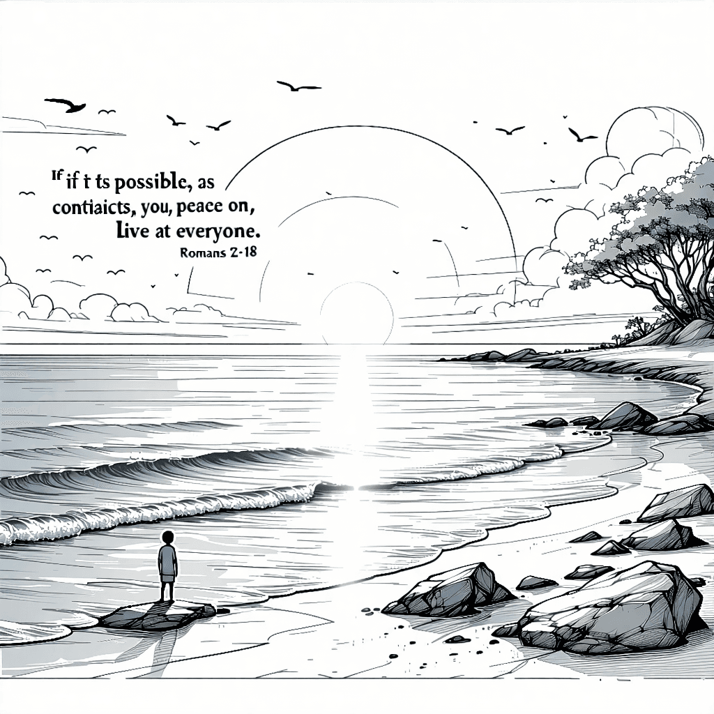 Craft ablack line master for colouring in by children, a tranquil ocean landscape image, a serene expanse of waterand setting sun, embracing the monochromatic  palette. The scene is divided by the rule of thirds, ensuring a balanced composition that draws the eye towards the main subject: bubble print words 'If it is possible, as far as it depends on you, live at peace with everyone. Romans 12:18', centrally crafted into the sky with lettering. Rippling water surface and the foreground rocks, adding depth. A tiny figure stands on the beach, a symbol of scale amidst the vastness, beside them, an olive branch, integrating symbolism. Seagulls dance in the sky, adding natural elements and a sense of movement, as a gentle breeze stirs the trees. The scene is infused with spirituality through a subtle halo effect around the sun, and the composition is kept minimal, focusing on these key elements to convey a message of peace and introspection.