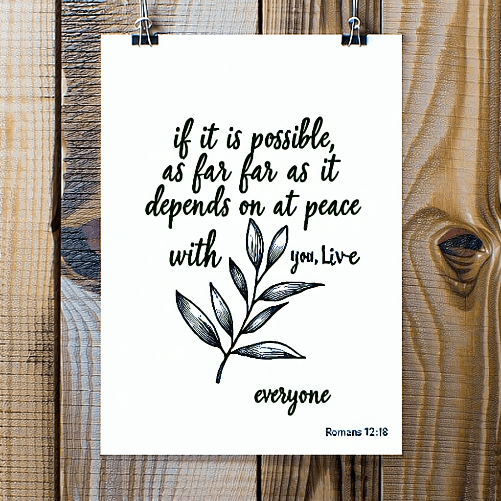 Craft a poster that brings to life a black and white coloring page, centered around the inspiring text "If it is possible, as far as it depends on you, live at peace with everyone. Romans 12:18." Infuse the artwork with a soulful blend of hand-lettered typography and the serene symbolism of an olive branch, all encapsulated within a minimalist border. Employ a monochrome color scheme, marked by high-contrast black and white, to enhance the visual impact. Overlay the composition with a vintage paper texture, adding depth and a tactile feel. Integrate a subtle halftone pattern to give it a timeless appeal, while a gradient background fades gently behind. Arrange the elements in a symmetrical layout to achieve a harmonious composition, ensuring the fine line details are emphasized. Incorporate soft drop shadows to add dimension without overwhelming the simplicity of the design. Balance the artwork with thoughtful alignment of negative space, and add a final touch of emotion with a subtle blur effect, evoking a sense of tranquility and introspection.