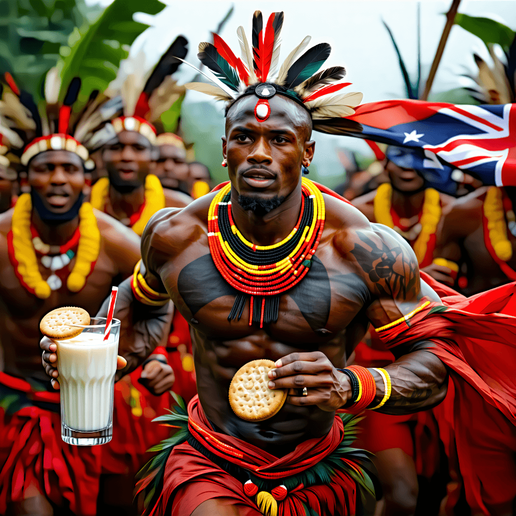 Enhance this imagery:

"Craft a hyper-realistic poster that portrays a vibrant Papua New Guinea man garbed in his nation's traditional attire, capturing an attuned essence of raw vitality as he dashes forth. One hand firmly clutches a New Zealand banner, billowing in the punctuated rhythm of his stride while the other hand relishes the distinctive crunch of gingernut biscuits complimented with a crystal-clear glass of milk. Introduce a moderate motion blur that narrates his swift, relentless movement. Paint the scene with a palette of warm, nostalgic hues, subtly emphasizing the textures and detailing of the man's skin and the reflective metallic glint of a nearby police car from soft, top-left lighting.

Craft a composition that employs a generous use of a shallow depth of field, effectively blurring the delicate mist that shrouds the background, and thus drawing the viewer's attention predominantly towards the man. Guide the viewer's gaze by incorporating a dynamic diagonal composition. Narrate a more layered tale by introducing a secondary character - a Caucasian man deftly wielding nunchucks, standing at a respectful distance. 

Enhance the narrative's authenticity by scattering crushed biscuit crumbs across the ground. Overlay the image with the cryptic handwritten script 'Zawe Noka Belltighza tanga' as well as the ominous phrase, 'You've milked your last gingernut. There won't be any of them where you're going,' which captures the tension of the moment with poetic flair."please add the name Zawe Noka belltighza tanga. please also make the man look scared also add a white man hanging out of the cop car with blonde hair