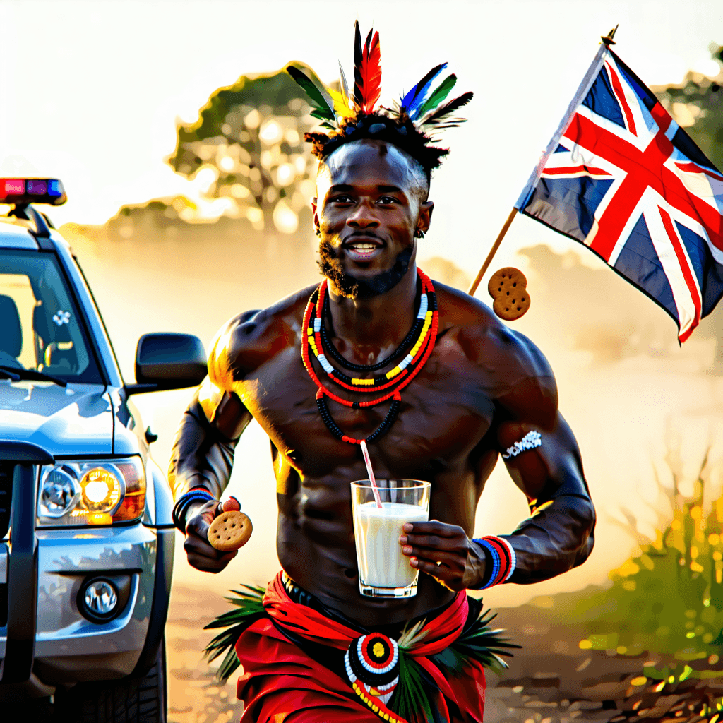 Craft a photorealistic poster portraying a Papua New Guinea man in traditional attire, embodying vigor as he runs. He's holding a New Zealand flag in one hand, and in the other, he's enjoying gingernut biscuits and a glass of milk, with moderate motion blur suggesting his swift movement. The scene is bathed in warm, nostalgic tones with top-left lighting creating realistic shadows and highlighting textures, especially the man's skin and the reflective surface of a nearby police car. The focus is tight on the man, thanks to a shallow depth of field that blurs out the subtle mist in the background and a dynamic diagonal composition that guides the eye. A white man with nunchucks stands aside, adding to the narrative complexity. The ground is dotted with crushed biscuit crumbs, adding a touch of realism. Overlay the image with handwritten script reading 'Zawe Noka Belltighza tanga' and the poignant phrase 'You've milked your last gingernut. There won't be any of them where you're going,' capturing the essence of the moment.