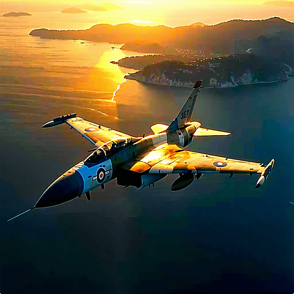 Create a photorealistic, 8k resolution image capturing a Mig 21 fighter jet soaring above the unmistakable outline of Croatia. The time is golden hour, with the sun casting long, dramatic shadows and a warm, golden hue over the landscape and the aircraft. The jet exhibits subtle weathering effects, indicating its storied history. It's flying at a low altitude, allowing for a stunning forced perspective that emphasizes its formidable size against the backdrop of Croatia’s diverse terrain. The composition adheres to the rule of thirds, with the aircraft strategically positioned to guide the viewer's eye through the scene. Motion blur captures its swift movement, while selective focus and aerial perspective add depth, making the jet stand out against the detailed, high-resolution textures of the landscape below. Cloud formations dynamically fill the sky, with cloud shadows adding contrast and depth to the terrain. Natural color grading ensures a lifelike representation of the scene, and reflections on bodies of water below mirror the sky and the jet, enhancing the realism. The blending of the jet with its surroundings is subtle, ensuring it remains the focal point while still integrating seamlessly into the atmospheric effects of the aerial perspective.