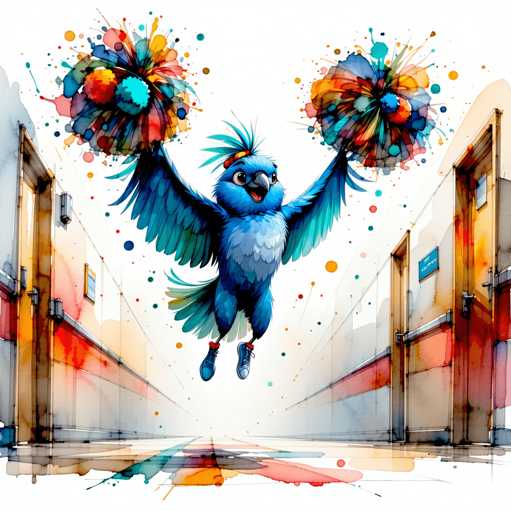 Create a story illustration capturing a vibrant moment of a kokako bird, transformed into an enthusiastic cheerleader. Picture this unique bird in mid-air, executing a spirited jump with pompoms held high, evoking a sense of victory and pride. The kokako is adorned in a cheerleader uniform, painted in soft pastel hues, complementing its gentle feather textures. Its expressive big eyes and cheerful smile radiate confidence and determination. A headband with a bow and matching shoes add charming detail to its character. The scene is set in a school hallway, alive with the warm, soft ambient lighting that casts a welcoming atmosphere. Lockers line the walls, interspersed with posters that add a touch of realism to the school setting. In the background, an audience of surprised animal characters watches, adding a narrative layer to the scene. The composition is diagonal, adding dynamic energy and motion to the illustration. This kokako cheerleader's story is one of encouragement, highlighted by the supportive reactions of the other bird characters. The entire scene should be rendered in a style that's expressive, detailed, and engaging, with a focus on narrative and the mood conveyed through a carefully chosen color scheme and lighting.