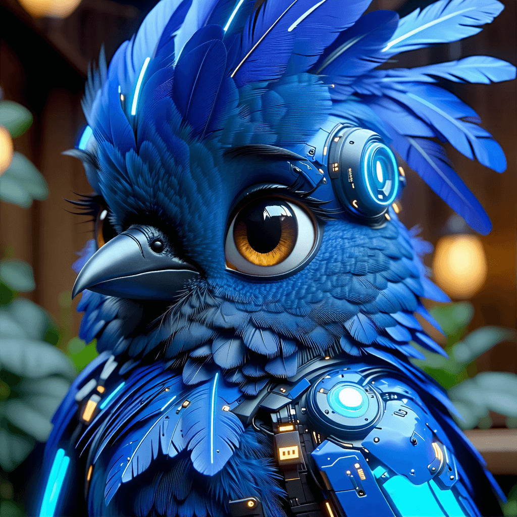 Envision a character that embodies the enchanting fusion of the natural and the fantastical. This character is a kokako bird, not just any bird, but one bestowed with anthropomorphic grace. Its eyes, brimming with a human-like depth, gaze slyly at us, eyebrow quirkily raised as if sharing a secret joke. The bird's plumage, a canvas of the kokako's natural blues, is electrified with streaks of neon, creating a visual symphony of contrast. Adding a whimsical twist, the kokako sports mechanical wings, a nod to the ingenious world of steampunk, allowing it to perform a dance that exudes playful energy. The dance takes place in an enchanted forest, where mystical lighting casts dramatic backlit silhouettes, highlighting the metallic highlights in its feathers and the steampunk accessories. In one wing, it holds a scroll or book adorned with ancient symbols, suggesting a story waiting to be told. The composition is dynamic, with diagonal lines adding a sense of movement and energy. Beside the kokako, a companion creature shares a bonding moment, adding depth to the scene. Ancient runes and the kokako’s prominent blue wattle and plumage are emphasized, enhancing its unique traits and integrating symbolism into the scene.