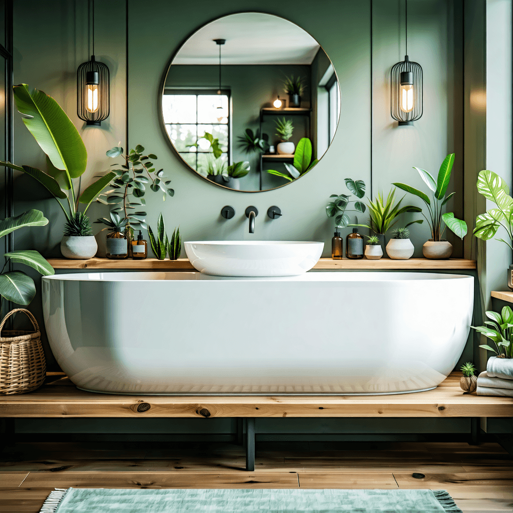 Create a photorealistic image capturing the essence of a modern, spa-inspired bathroom. This sanctuary should include light sage green or soft grey-blue walls, a freestanding white bathtub accented with a sleek glass screen, and a floating wood vanity topped with a white vessel sink. Above the vanity, a round backlit mirror reflects the serene atmosphere, highlighted by minimal built-in shelving and waterproof warm wood flooring beneath. Pendant lighting softly illuminates the tub area, complemented by sconces beside the mirror. Lush green plants of various sizes breathe life into the space, alongside a woven basket filled with towels. The room is bathed in natural light streaming through a large window, enhancing the soft, diffused lighting and creating subtle reflections and transparency. From a low-angle perspective, capture the elegant minimalist decor, including the subtle color variations in green and blue tones and high-resolution wood grain textures. Integrate a silhouette of a person at the doorway, adding a human touch without overwhelming the serene mood. Accentuate the composition with a subtle depth of field effect, soft steam near the bathtub, subtle water ripples, and the integration of natural textures in the decor to create a cohesive, serene spa atmosphere.