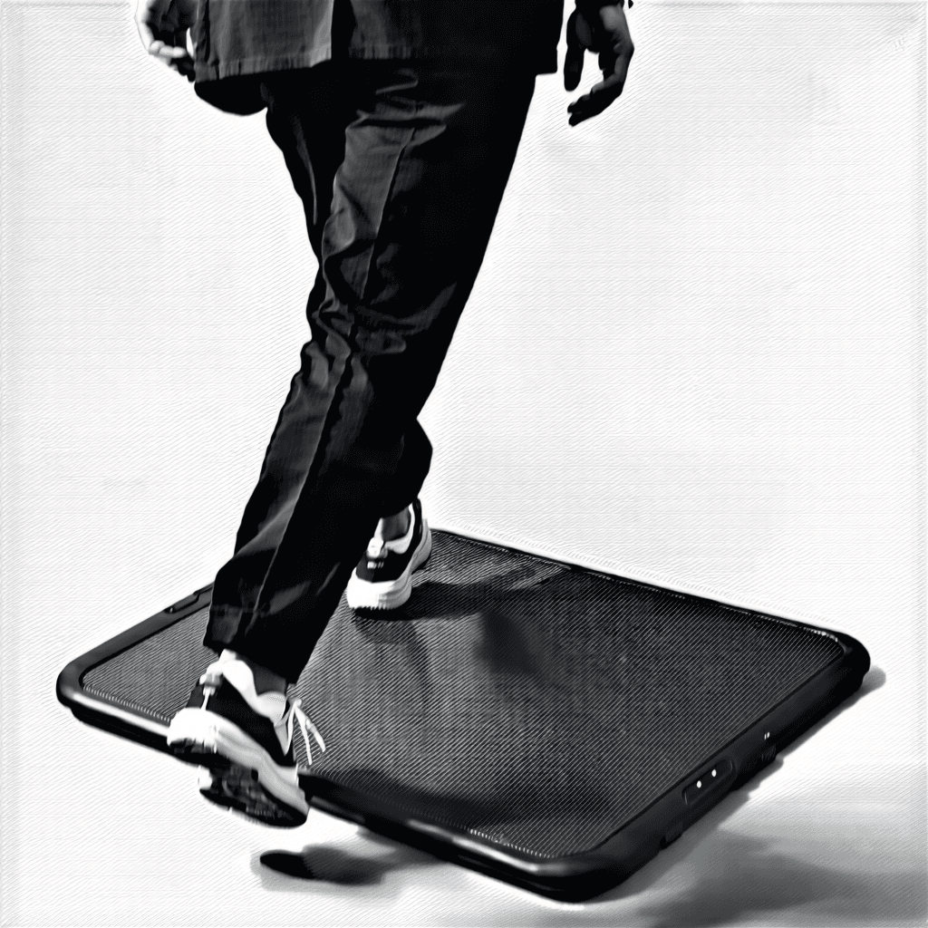 Envision a scene that brings to life the elegance and functionality of a portable walking pad through the lens of a professional product photo. The main subject, a sleek portable walking pad, is captured from a bird's eye view that emphasizes its design and interchangeable mats. The lighting is soft and diffused, casting gentle shadows that contour the walking pad, enhancing its textures and subtle logo placement. The backdrop is a neutral solid color, allowing the monochromatic palette of the walking pad to stand out. A human element is introduced with a person in mid-stride on the pad, showcasing the product in action. This dynamic scene also includes a creative twist: a mirror placed to reflect the walking pad, adding depth and a hint of lifestyle usage. The composition is clean and professional, focusing on the macro details of the product's texture and the clever integration of its features, all while maintaining a top-down perspective that captures the essence of the product.
