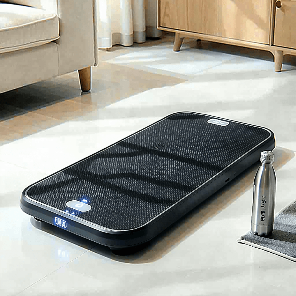 Craft a sophisticated product photo showcasing a fitness mini portable walking pad. Set in a minimalist interior bathed in natural light, the scene should feature the walking pad both folded and unfolded, highlighting its versatility and portability. Position it in a compact living space to underscore its compact design. Incorporate soft diffused lighting to enhance the machine's sleek texture and subtle branding. A top-down view will reveal a close-up on the textured surface and the tech-savvy control panel, with a shallow depth of field blurring the background to keep the focus sharp on the device. Nearby, a water bottle and a towel should subtly suggest a workout session in progress, with a gentle blur effect hinting at motion. The composition must feel professional, clean, and detailed, with a focus on the product's design and lifestyle appeal.