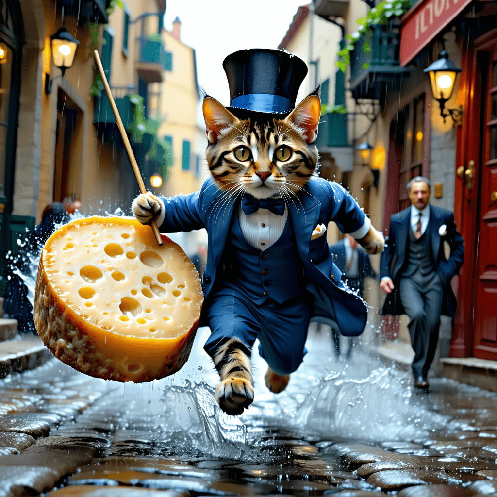 Create a photorealistic image capturing the essence of Felino, a character with the upper body of an elegant tuxedo cat wearing a tiny conductor's hat and the lower body of a large wheel of aged parmesan cheese. Felino, in a mid-chase leap, carries a tiny baton made from a mouse's tail, chasing his nemesis/best friend through the cobbled streets of an imaginary rainy Italian village. The scene is bathed in soft, warm lighting, highlighting the glossy surface of the cheese and the wet cobblestones, while the warm earth tones of the village provide a cozy atmosphere. Emphasize the mischievous gaze of Felino, the texture of his fur, and the dynamic, diagonal composition of the chase. The environment is rich in detail, with a focus on natural lighting, sharp focus, realistic textures, and a cinematic composition that brings this unique character and his story to life.