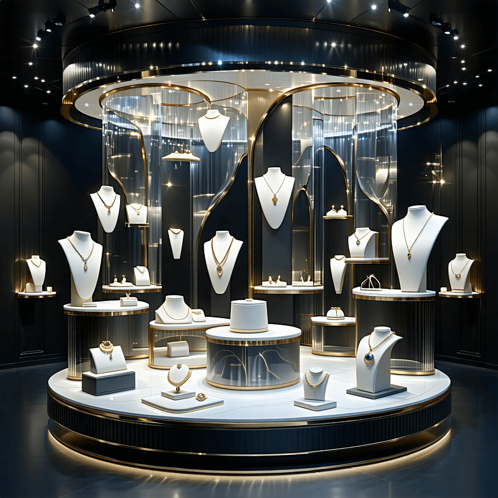 Envision a luxurious showroom setting, where the spotlight softly illuminates a sophisticated jewelry stand from above, casting a serene ambiance. This stand, not just an ordinary piece, is crafted with intricate patterns and a structure that boasts transparent, reflective layers, creating a mesmerizing play of light and shadows. Its monochromatic color scheme is elegantly disrupted by metallic accents, enhancing its allure. From the worm's-eye view, we see the stand in a dynamic diagonal composition, suggesting movement through a 360-degree rotating feature, possibly animated for an interactive display. Subtle jewelry accents drape over it, each piece reflecting the ambient light, adding to the stand's mystique. In the foreground, a jeweler, focused and skilled, is seen adding a final touch to a piece, introducing a narrative element to the scene. Surrounding this, floral accents add a touch of softness, contrasting the stand’s sleek design. Additionally, incorporate futuristic elements like holographic display effects, suggesting a blend of luxury and advanced technology. This scene should not just capture the viewer's eye but invite them to explore every detail, from the animated rotating display to the soft, natural elements that ground the composition.