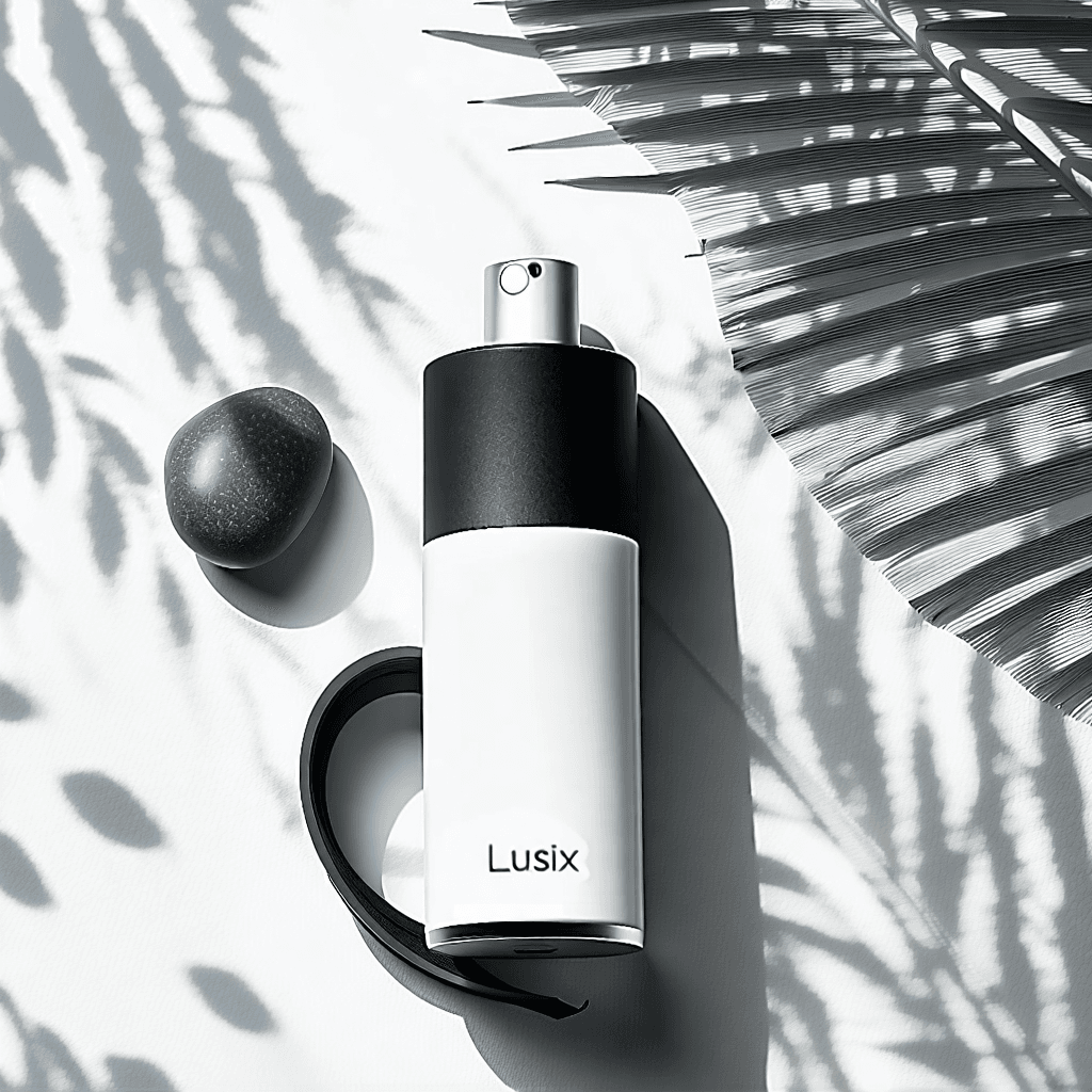 Craft a lifestyle product photo highlighting the Lusix, captured from a bird's eye view to emphasize its elegance. The image should feature soft diffused lighting that enhances the product's textures, particularly noticeable in a close-up detail shot. Employ a monochromatic color scheme to keep the focus on the product, complemented by a minimalist background that doesn't distract. Composition should adhere to the rule of thirds, with the Lusix positioned dynamically within this framework. Incorporate natural elements as props to add a touch of earthiness and authenticity. The use of a polarizing filter is essential to manage reflections on any reflective surfaces, ensuring they do not detract from the product's allure. Aim for a shallow depth of field to make the Lusix stand out crisply against the serene backdrop. This image should not only showcase the product but also tell a story of its lifestyle appeal through its setting and the interaction of light and texture.