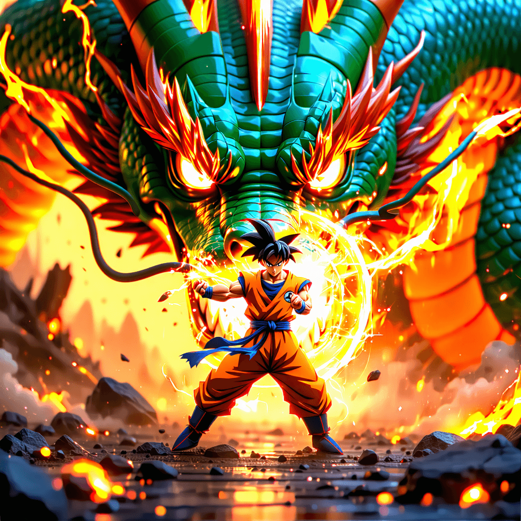 Create a wallpaper that captures the essence of Lusix, a character brimming with power and energy, set against the iconic Dragon Ball Z backdrop. Envision Lusix in a dynamic fighting stance, embodying the epic transformations of a Super Saiyan, surrounded by the awe-inspiring presence of the majestic Dragon Shenron. The scene is alive with vibrant energy colors, glowing aura effects, and explosive energy waves that highlight an epic rivalry. Seven Dragon Balls should be subtly integrated into the composition, adding a layer of depth and symbolism. The layout is dynamic, with a diagonal composition that adds movement, enhanced by the texture of scales and dramatic light rays that create a captivating atmosphere. Over-the-top perspective draws the viewer into an immersive experience, with glowing magic circles and magical effects that highlight the intense interaction and emotion of the scene. This wallpaper should not only showcase the power and action of the Dragon Ball Z universe but also convey a sense of awe and inspiration through its detailed execution and artistic flair.