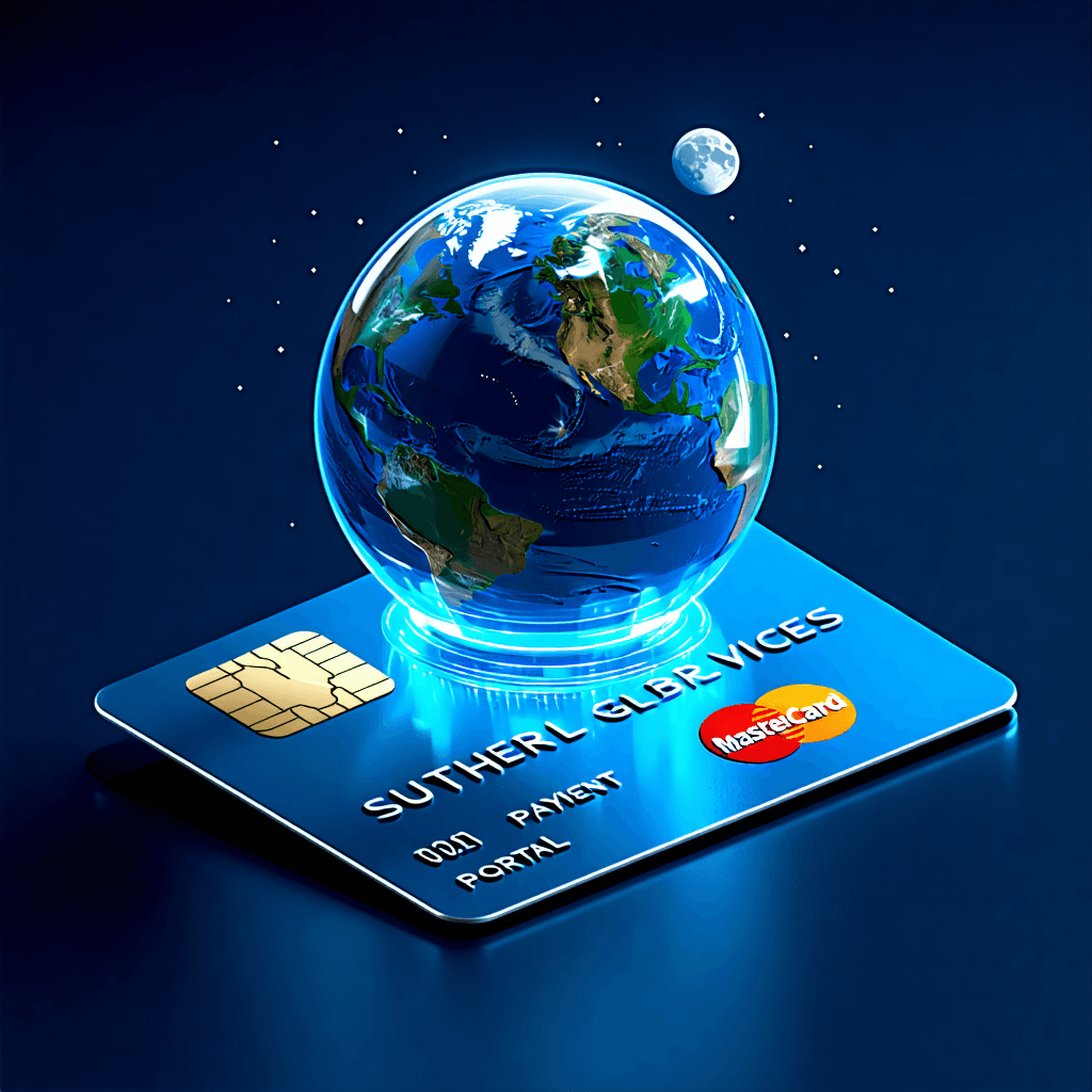 "Design a logo featuring a 3D Earth and a holographic payment card with an embedded chip and a Mastercard-esque symbol. The card should read "SUTHERLAND GLOBAL SERVICES PAYMENT PORTAL" under a moonlit setting."