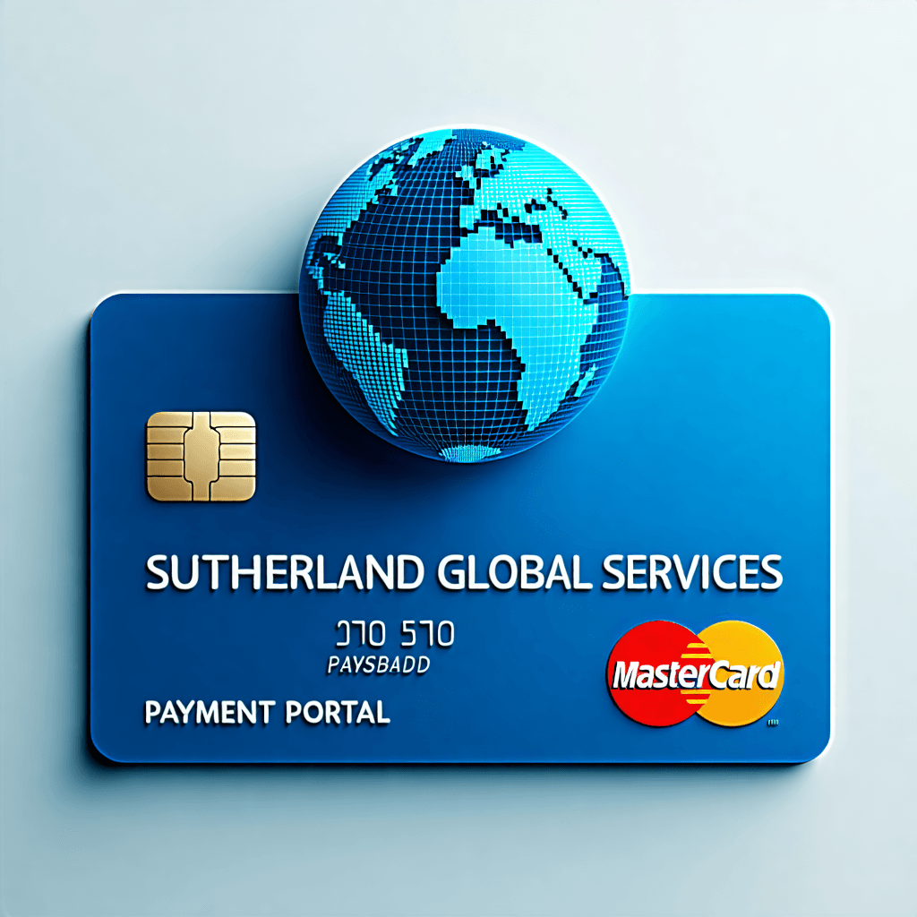 Create an image a logo with 3d globe and 3d mock up card Embedded chip and Mastercard-style icon. inside the mock up card add text "SUTHERLAND GLOBAL SERVICES PAYMENT PORTAL" 