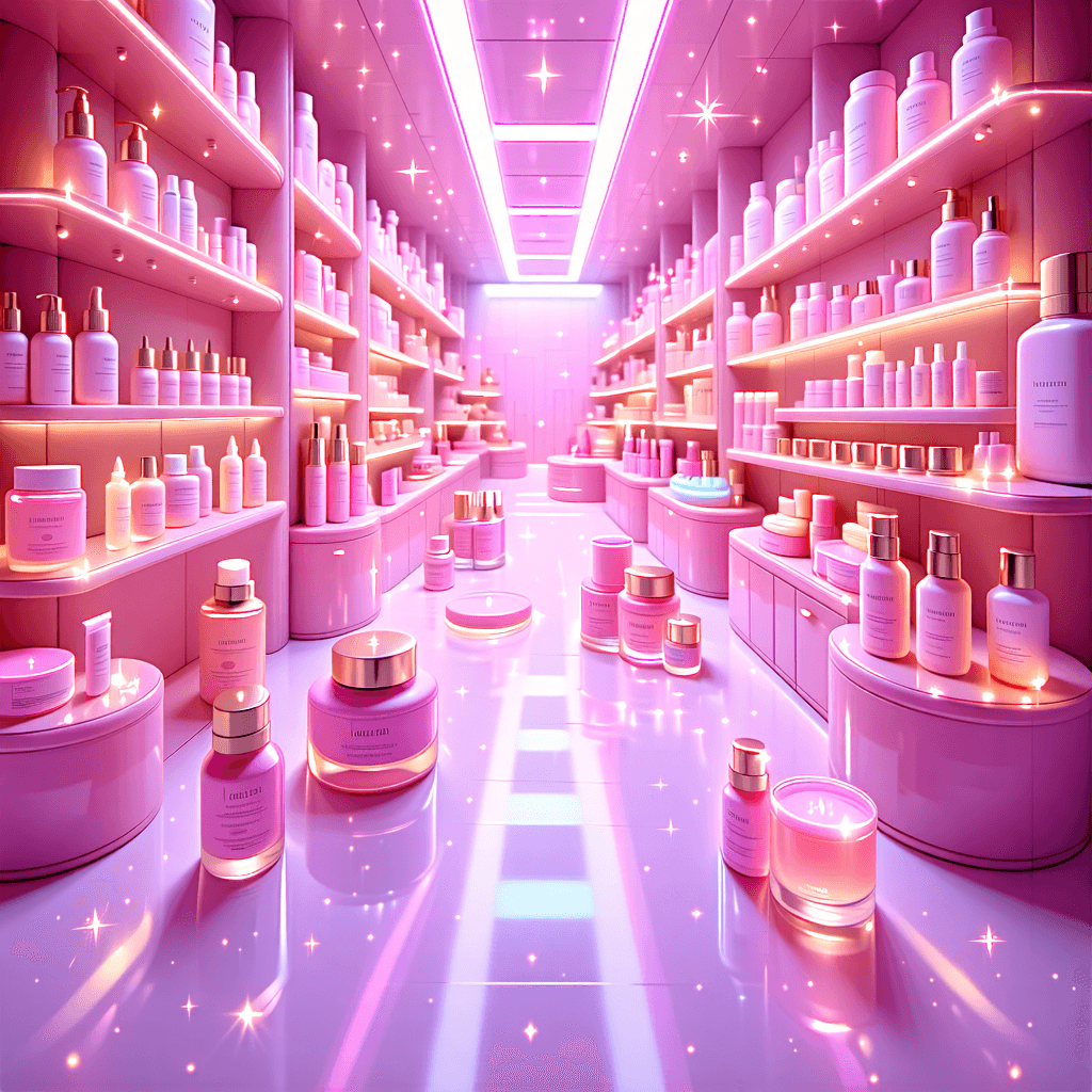 Imagine a dazzling 3D beauty factory for a book cover, where the dominant hue is a vibrant, neon pink, bringing the scene to life. This factory is bustling, distributing skincare products that glow with a magical aura, highlighting their quality. The composition is symmetrical, drawing the eye towards the center where the action is. Incorporate a pearlescent finish on surfaces to add unique textures, and ensure the skincare products themselves have a glowing, almost ethereal quality to them. Use a depth of field effect to create dimension, focusing on the products while the soft focus background infuses elegance into the scene. Dynamic light trails add a sense of movement, suggesting the lively atmosphere of production. Neon pink accents emphasize the pink dominance, and a subtle integration of the brand's logo ensures brand visibility without overpowering the magical and elegant theme. The overall look should be evocative, genre-appropriate, eye-catching, and professional, perfectly balancing artistic expression with technical precision.