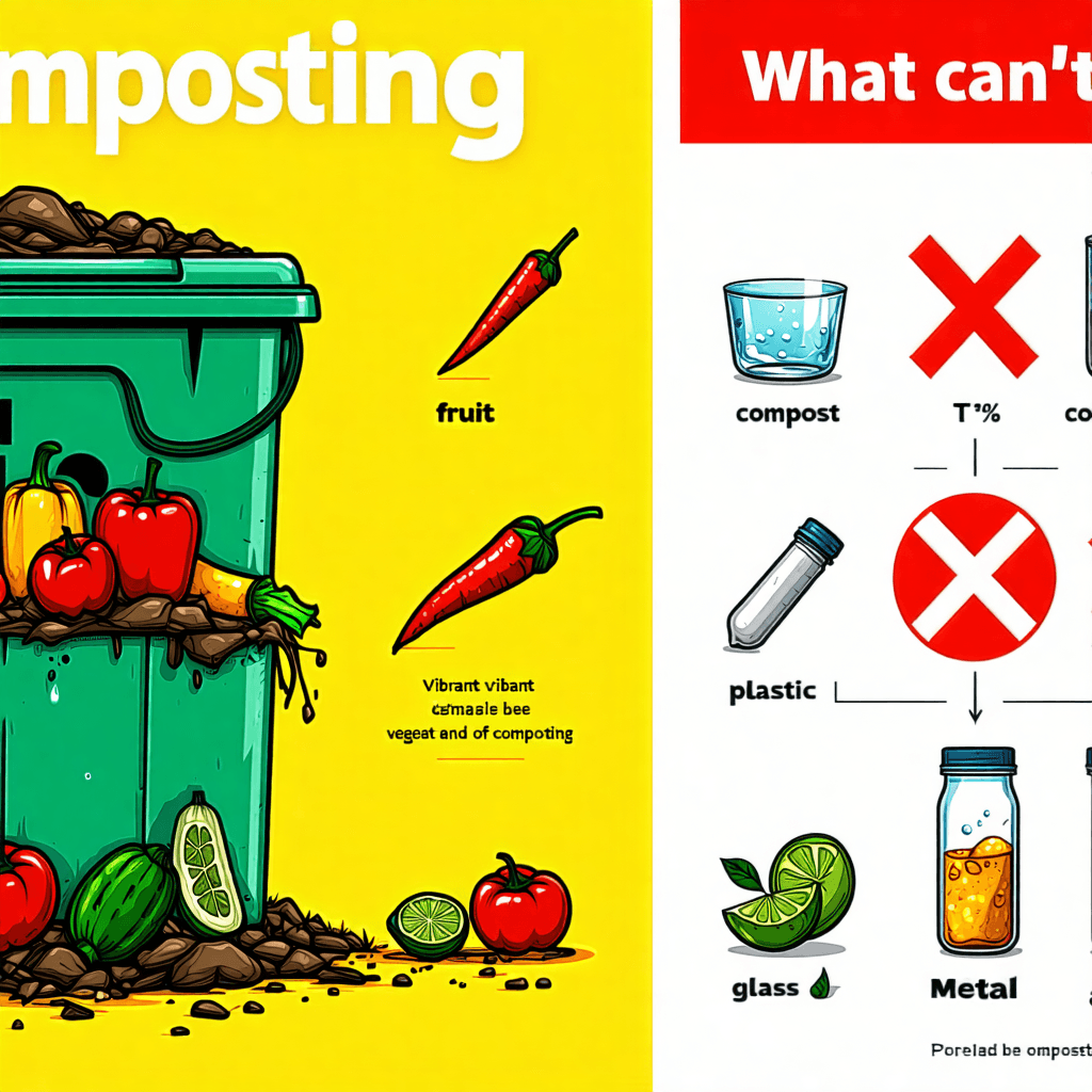Create a vibrant, professional poster that serves as a comprehensive guide to composting. The poster should visually split into two main sections: one highlighting the benefits of composting with rich, vibrant colors showcasing fruits and vegetables decomposing in a compost bin, and the other depicting what can't be composted, with clear images of items like plastic, glass, and metal marked with a bold red cross. Incorporate a sequence of images that illustrate the composting process from food scraps turning into fertile soil, alongside a contrasting visual of flourishing plants grown with compost soil versus those in nutrient-depleted soil. Embed close-up images of beneficial organisms like earthworms and microbes actively breaking down organic matter. Design an infographic within the poster that explains the composting process from waste to soil enrichment, and include a checklist-style layout with do's (thumbs up) and don'ts (thumbs down) for easy reference. Highlight the environmental impact by showing a before and after image of food waste pile transforming into finished compost, and contrast an overflowing landfill with minimal waste due to composting. Ensure the style is impactful, with readable text, bold graphics, and a professional finish that captures the essence of composting's positive environmental impact.