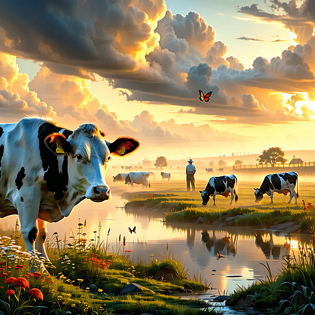 Craft a photorealistic image capturing the serene essence of a Southland dairy farm at the golden hour of dawn. The composition should emphasize leading lines guiding the viewer's eye through an autumn-colored pasture, where cows with glossy hides graze peacefully amidst the morning mist. The scene comes alive with dynamic cloud formations overhead and a reflective pond mirroring the vibrant sky. In the foreground, a close-up of a dairy cow showcases the intricate details of its eyes and fur, surrounded by butterflies on nearby flowers. Farmers are seen in the background, tending to the fields and bales of hay, signifying the harvest season. The entire scene is bathed in the soft, golden light of sunrise, enhancing the textures and colors of the environment. This image should embody the tranquility of farm life, integrating natural elements and human interaction in a harmonious composition, captured with 8k resolution, sharp focus, realistic textures, and a cinematic depth of field.