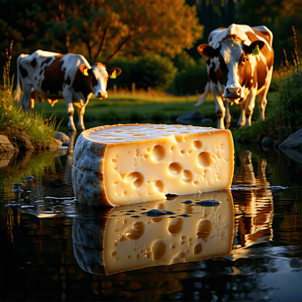 Create a photorealistic image capturing the essence of halloumi cheese with a backdrop that tells a story of its origin. Envision the cheese positioned prominently in the foreground, its detailed texture highlighted under the golden hour lighting, giving it a warm, inviting glow. The cheese sits beside a subtle, reflective water body, capturing its mirror image amidst the serene surroundings. This scene unfolds on a New Zealand dairy farm during autumn, where the earthy tones of the foliage complement the rustic charm of the cheese. In the mid-ground, a curious Jersey cow, drawn to the scent of the cheese, adds a dynamic interaction to the composition. The background is adorned with majestic mountains, slightly veiled by a gentle mist, enhancing the depth. Include a bird's eye view perspective to add a dynamic angle, focusing on the macro details of the cheese crust, and integrate a bokeh effect to artistically blur the background, directing attention to the cheese and the cow. The composition should subtly incorporate the 'Southern Halloumi' brand, akin to a watermark, blending seamlessly into the scene. The image should narrate the cheese-making process, hinting at the authenticity and tradition behind the 'Southern Halloumi' brand, all while maintaining a harmonious color palette of earthy tones and ensuring the lighting accentuates the textures and depth of the landscape.