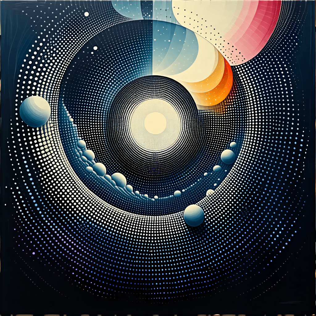 Craft a surreal artwork that centers around an abstract dot pattern, evoking a sense of deep, otherworldly wonder. Imagine these dots forming circular concentric layers, each pulsating with desaturated earth tones, and intertwined with a galaxy texture overlay to add a cosmic dimension. Incorporate a dramatic light source to cast profound shadows and enhance the high contrast composition, while a subtle overlay blending mode merges these elements seamlessly. Introduce a macroscopic scale distortion to warp the sense of proportion, making the dot clusters appear isolated in a vast expanse of negative space, surrounded by a linear motion blur that suggests rapid expansion. The entire scene is accentuated by a pixelated glitch effect, hinting at a digital dream. Amidst this cosmic dance, embed a maze symbol to inject a layer of mystery, symbolizing the intricate journey of discovery. The artwork should feel like peering into the unknown, where fractal expansion meets geometric abstraction, creating a bridge between the micro and macrocosm.