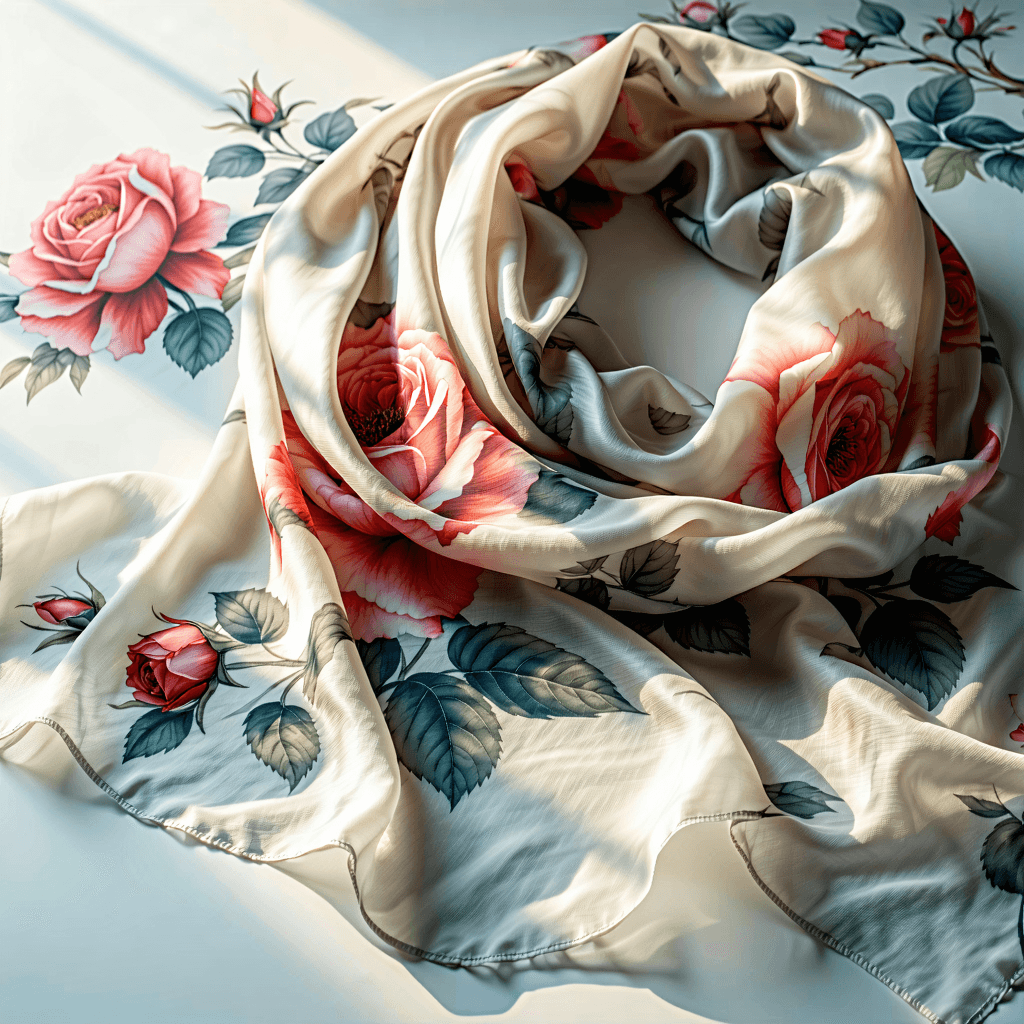 Craft a photorealistic image capturing the essence of a cotton scarf adorned with a rose print so lifelike it seems the flowers have been tenderly pressed onto the fabric themselves. Illuminate this scene with soft, diffused lighting, enhancing the gentle folds and the delicate texture of the cotton. The composition should feature an off-center placement of the scarf, with a macro shot emphasizing the intricate textures and slight color variations of the rose, suggesting a whisper of imperfection in its beauty. Employ a shallow depth of field to softly blur the background, where hints of foliage in soft focus hint at a serene, natural environment. The rose petals, with a glossy finish, should catch the light, casting subtle shadows that add depth and realism. From an eye-level perspective, capture this image in such a way that it accentuates the scarf’s delicacy and the organic feel of the rose, making it a testament to the elegance of natural beauty.