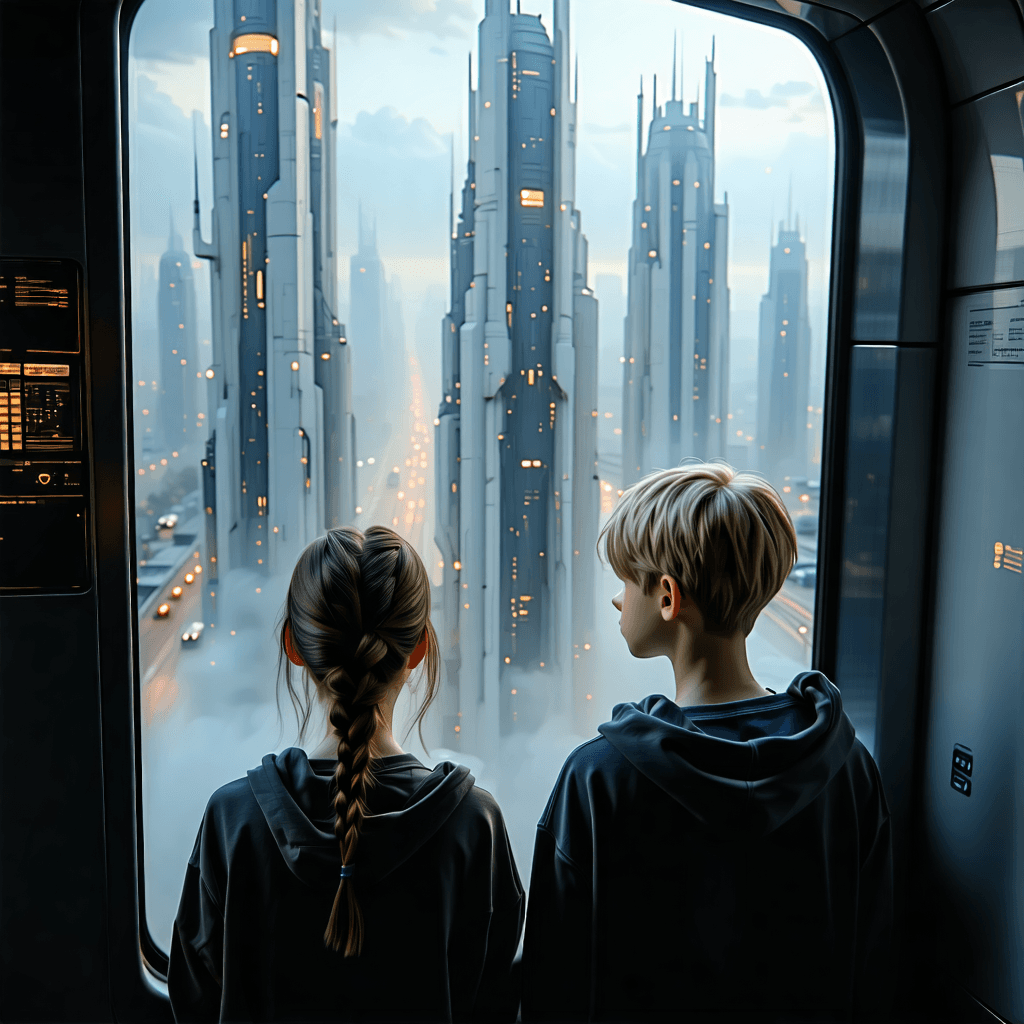 Craft an immersive landscape art capturing a moment of subtle rebellion, where a teenage girl with brown hair tied in a braid and a teenage boy with blonde hair gaze out of a futuristic train window. They observe a rich, dystopian city at dusk or dawn, under a hazy, polluted sky. The city is adorned with sleek, minimalist, tall white buildings, embodying a futuristic yet weathered look, illuminated by harsh artificial lighting. The scene is painted in a monochromatic scheme, emphasizing the cold, sterile environment. Their expressions hint at a mix of wonder and concern, a subtle nod to their internal rebellion against this world. The train window and their reflections add depth, with the sound of distant alarms piercing the silence. The atmosphere is thick with tension, yet there's a beauty in the desolation, capturing a moment frozen in time.