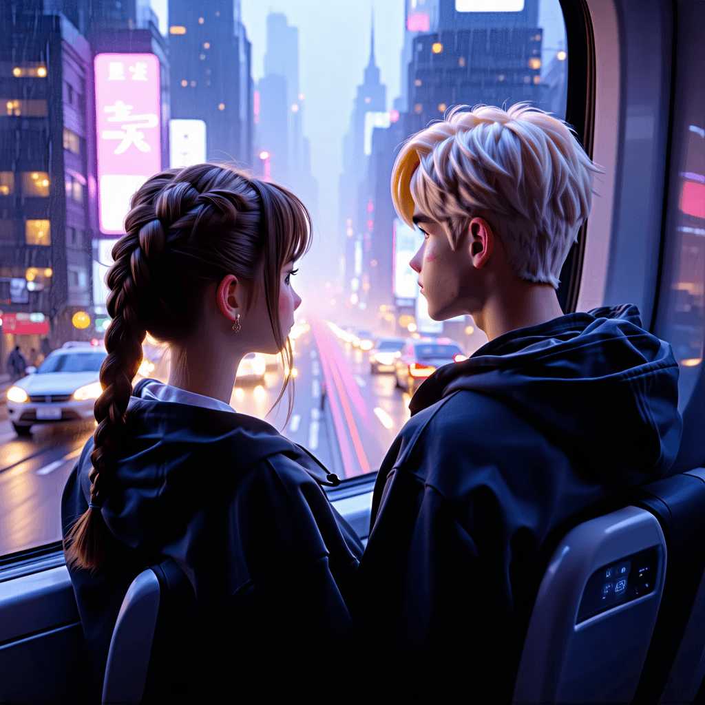 Craft a wallpaper that captures a theatrically inspired moment between a teenage girl with brown hair styled in a braid and a teenage boy with blond hair. They are gazing out of a futuristic train window, their faces bathed in the neon glow from the cityscape outside. The city they observe is a vision of the future, with towering, angular white buildings piercing the sky, softened by a haze of smog that adds a dystopian tone to the scene. The girl's expression blends curiosity with apprehension, a subtle hint of hope glimmering in her eyes, suggesting a narrative of nascent rebellion. The boy's stance supports this narrative, as both are drawn inexorably to the view beyond the glass, which reflects a distorted version of the city's sleek, metallic surfaces and the silhouettes of distant flying vehicles or drones. The composition uses leading lines to emphasize the stark contrast between the characters and the expansive cityscape, integrating cool tones and futuristic neon colors to enhance the atmosphere. Visual cues of distant sirens or alarms subtly suggest unrest, completing this narrative-driven, dystopian tableau.