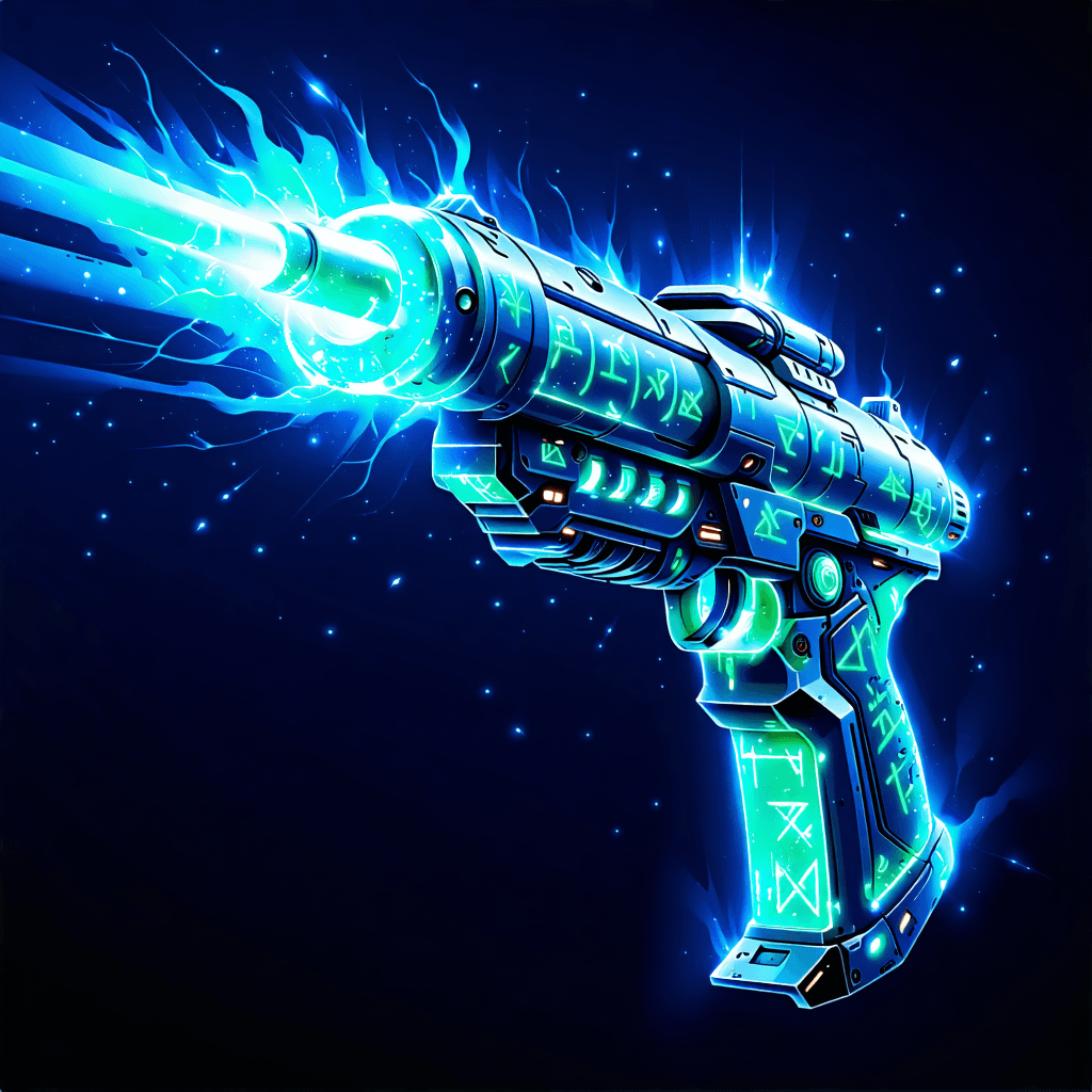 Envision a dynamic, atmospheric concept art of a Neutron Blaster mounted on a sleek battleship, poised in the vast, star-studded void of space. This compact, yet potent weapon, glows with an intense core of cool blue and electric green, highlighting its advanced technology. The blaster, adorned with ancient runes that symbolize its energy source, is in the midst of a charging sequence, its energy amplification coils pulsating with power. From a bird's eye view, capture the sleek metallic surfaces of the weapon and its seamless integration with the battleship's design, both reflecting a sophisticated sci-fi aesthetic. Add depth and realism through the use of harsh shadows and contrasting lighting, emphasizing the blaster's dynamic composition and the harsh environment of space. Illustrate the weapon's wear, scorch marks, and battle damage to convey its history of combat. The scene should be imbued with a mood of anticipation, as energy gathers, preparing to unleash a devastating blast. Ensure the image is cinematic, detailed, and imbued with a sense of atmospheric tension, making the viewer feel the imminent discharge of power.
