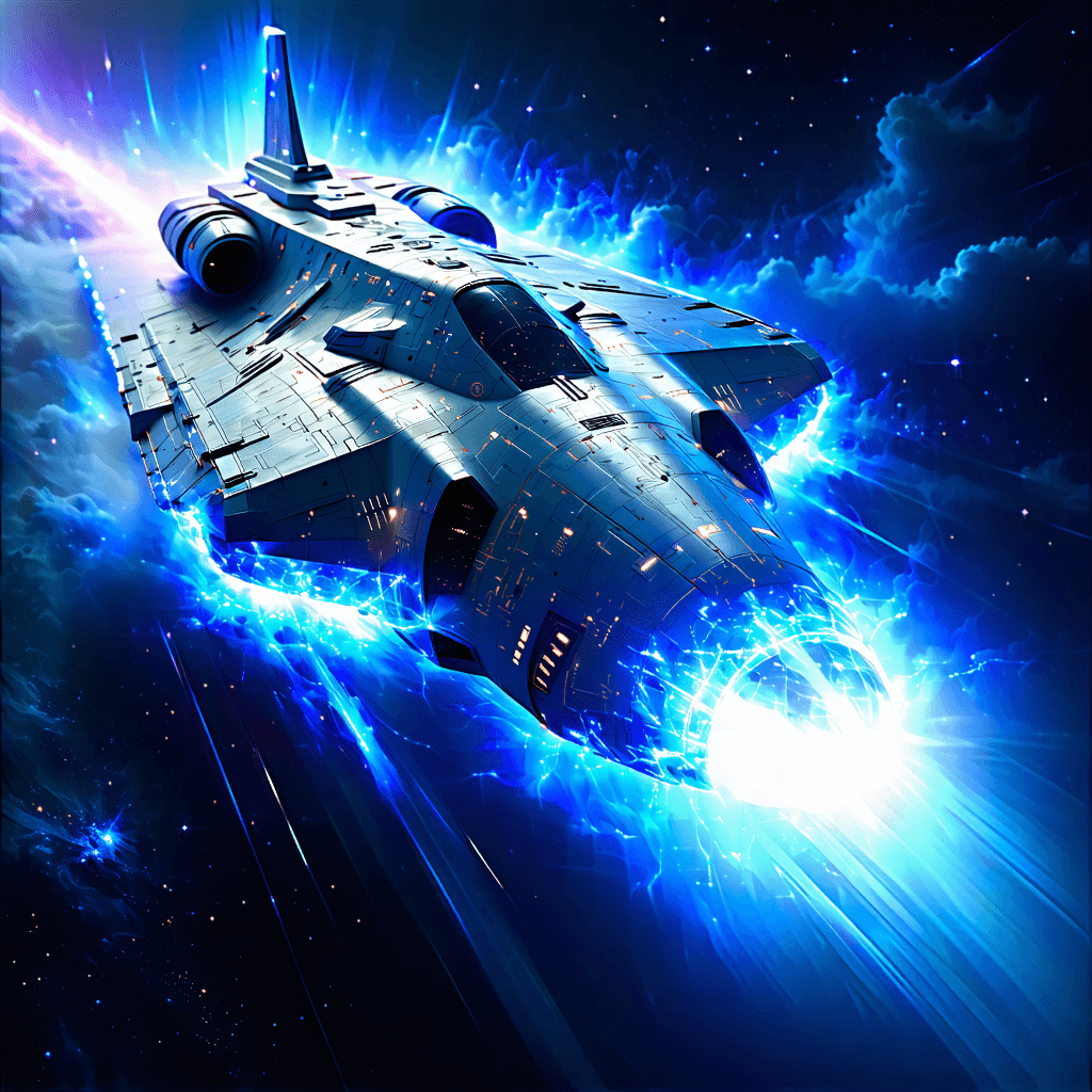 Imagine an evocative concept art that captures the vibrant heart of a Neutron Blaster, masterfully mounted upon a streamlined battleship. They float in the magnificent, infinite canvas of the cosmos, punctuated by twinkling stars and celestial bodies. This condensed yet formidable artillery radiates an aurora-like glow, pulsating fiercely between cold, icy blue and an electric, venomous green that showcases its cutting-edge technology. 

The battleship cannon is intricately engraved with cryptic, ancient runes that whisper stories of its enigmatic power source. It's caught in the dramatic crescendo of a charging cycle, its energy amplification coils throbbing and pulsating with an almost sentient vigor. The image should be composed from a seagull's soaring perspective, showcasing the metallic sheen of the weapon contrasting with the sleek, fluid design of the battleship - a harmonious marriage of form and function embodying the quintessential sci-fi aesthetic. 

Introduce an element of stark realism by using high-contrast lighting and sharp shadows to enrich the weapon's dynamic composition, and to capture the harsh, unforgiving emptiness of space. Narrate the silent tale of the weapon's valor in numerous wars - portray its wear and tear, the scorch marks that scar its skin, and the battle-wrought damage adding to its seasoned character. 

In the heart of the scene, weave in a suspenseful mood of bated breath, where energy is visibly pooling, ready to erupt into a devastating thunderbolt of power. Strive for an image that screams cinematic grandeur, rich in detail and soaked in an air of rising tension, making the viewer almost hear the electric hum of the imminent, cataclysmic discharge.