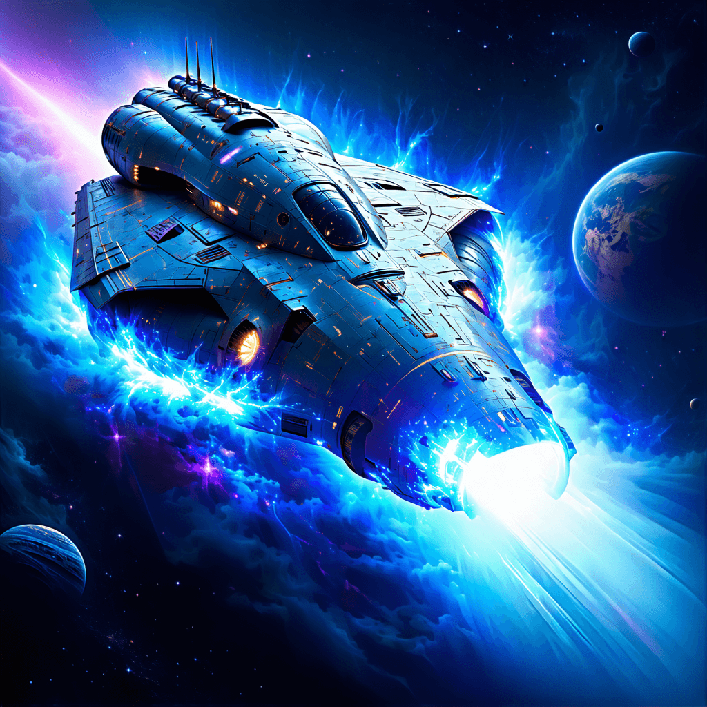 Imagine an evocative concept art that captures the vibrant heart of a Neutron Blaster, masterfully mounted upon a streamlined battleship. They float in the magnificent, infinite canvas of the cosmos, punctuated by twinkling stars and celestial bodies. This condensed yet formidable artillery radiates an aurora-like glow, pulsating fiercely between cold, icy blue and an electric, venomous green that showcases its cutting-edge technology. 

The cannon is intricately engraved with cryptic, ancient runes that whisper stories of its enigmatic power source. It's caught in the dramatic crescendo of a charging cycle, its energy amplification coils throbbing and pulsating with an almost sentient vigor. The image should be composed from a seagull's soaring perspective, showcasing the metallic sheen of the weapon contrasting with the sleek, fluid design of the battleship - a harmonious marriage of form and function embodying the quintessential sci-fi aesthetic. 

Introduce an element of stark realism by using high-contrast lighting and sharp shadows to enrich the weapon's dynamic composition, and to capture the harsh, unforgiving emptiness of space. Narrate the silent tale of the weapon's valor in numerous wars - portray its wear and tear, the scorch marks that scar its skin, and the battle-wrought damage adding to its seasoned character. 

In the heart of the scene, weave in a suspenseful mood of bated breath, where energy is visibly pooling, ready to erupt into a devastating thunderbolt of power. Strive for an image that screams cinematic grandeur, rich in detail and soaked in an air of rising tension, making the viewer almost hear the electric hum of the imminent, cataclysmic discharge.