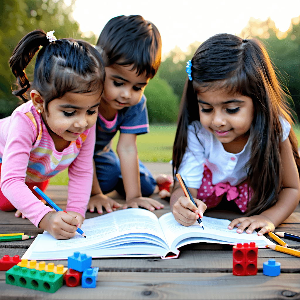 "Construct a hyper-realistic image portraying a serene moment of a diverse set of children with Indian skintones, aged 4 to 5 years old. They are peacefully engaged in quiet activities such as drawing, reading, and building blocks. The setting is an outdoor environment, bathed in the delicate glow of a sunset, providing a high-angle shot that highlights the calm expressions on their faces. Their soft smiles and quiet enjoyment, amidst gentle actions, create a tranquil and calming scene. The image