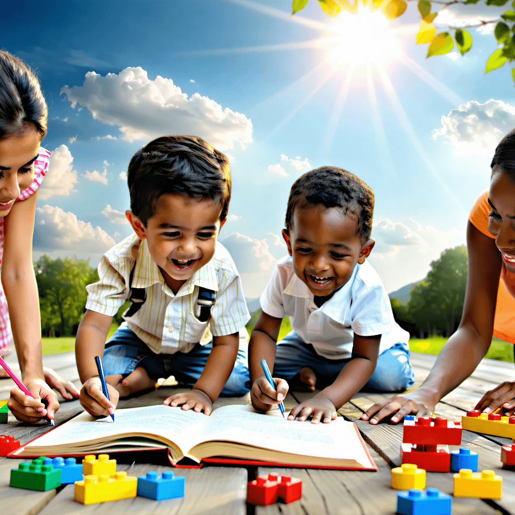 Create a photorealistic image capturing a heartwarming moment of a happy, diverse group of children with Indian skintones, aged 4 to 5 years old. They are engaged in various playful activities like drawing, building blocks, and reading, under the soft, warm embrace of sunlight. The setting is outdoors, under a bright sun with fluffy clouds adorning the sky, providing a low-angle shot that enhances the joyous expressions on their faces. Their genuine smiles and laughter, amidst mid-action poses, create a dynamic and lively scene. The composition is vibrant with a pop of bright colors from the toys, each texture vividly detailed. Foreground elements show interactive toys, while the background offers subtle hints of nature. The children wear comfortable playwear, suitable for their unscripted play, capturing unposed candid moments of shared laughter and joy. Incorporate natural lighting, sharp focus, realistic textures, and a cinematic composition to bring this scene to life, making sure the children's dynamic poses, authentic interactions, and natural gestures are the focal point.