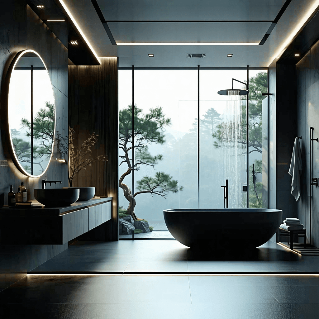 Craft an architectural visualization that showcases a bathroom's technical elevation, rich with detail and artistic nuance. The scene unfolds in a modern, monochromatic palette, emphasizing black and white contrasts. The main subject is a meticulously designed bathroom featuring a free-standing, round bathtub positioned right of a double vanity, both bathed in the soft, natural light filtering through a window that spans the entire back wall. In front of the bathtub, a rainfall shower enclosed by glass doors creates a focal point, with subtle spotlights enhancing its presence. The reflection of trees outside adds a serene context, while the mirror above the vanity captures the nuanced reflections of a person, adding a human scale to the composition. The layout is symmetrical, with a low angle perspective adding depth through shadows and reflections on the floor. Special attention is paid to the plumbing markers, illustrating the technical prowess behind the scene, and the intricate details of the vanity design are highlighted. Artistic elements like the subtle reflections in the bathtub and the mirror add layers of texture and depth, making the visualization not just a technical drawing but a piece of art.