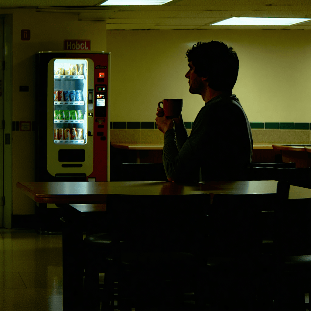 Illustrate a poignant scene inside a dimly lit hospital break room at night, where the main focus is a person sitting alone, their hands gently cradling a chipped ceramic mug filled with dark, over-brewed coffee. The room is washed in a sickly pale light from the buzzing fluorescent lights above, emphasizing the beige walls' lack of warmth. A vending machine in the corner whirrs inconsistently, adding a sense of life to the otherwise still room. Outside, the vibrant lights of Seattle begin to dim, signaling the city's descent into sleep, viewed through a rain-speckled window that casts reflective patterns across the room. The person gazes out this window, an expression of weariness etched into their face, hinting at the weight of their thoughts. Nearby, an empty chair suggests their solitude, while a folded note on the table hints at a deeper narrative. The scene encapsulates a moment of quiet reflection amidst the chaos of life, highlighted by the detailed chipped mug, the symbolic empty chair, and the dynamic element of the vending machine's sound, visualized subtly as ambient sound waves in the air.