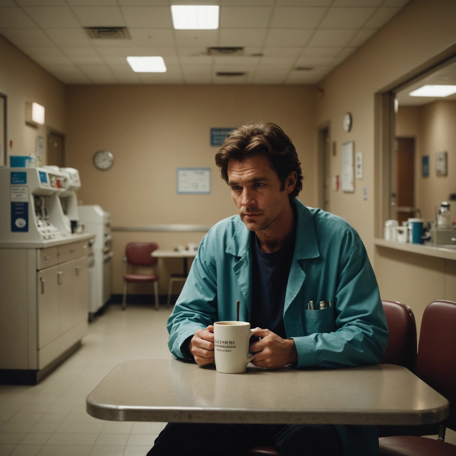 Illustrate a poignant scene inside a dimly lit hospital break room at night, where the main focus is a person sitting alone, their hands gently cradling a chipped ceramic mug filled with dark, over-brewed coffee. The room is washed in a sickly pale light from the buzzing fluorescent lights above, emphasizing the beige walls' lack of warmth. A vending machine in the corner whirrs inconsistently, adding a sense of life to the otherwise still room. Outside, the vibrant lights of Seattle begin to dim, signaling the city's descent into sleep, viewed through a rain-speckled window that casts reflective patterns across the room. The person gazes out this window, an expression of weariness etched into their face, hinting at the weight of their thoughts. Nearby, an empty chair suggests their solitude, while a folded note on the table hints at a deeper narrative. The scene encapsulates a moment of quiet reflection amidst the chaos of life, highlighted by the detailed chipped mug, the symbolic empty chair, and the dynamic element of the vending machine's sound, visualized subtly as ambient sound waves in the air.
