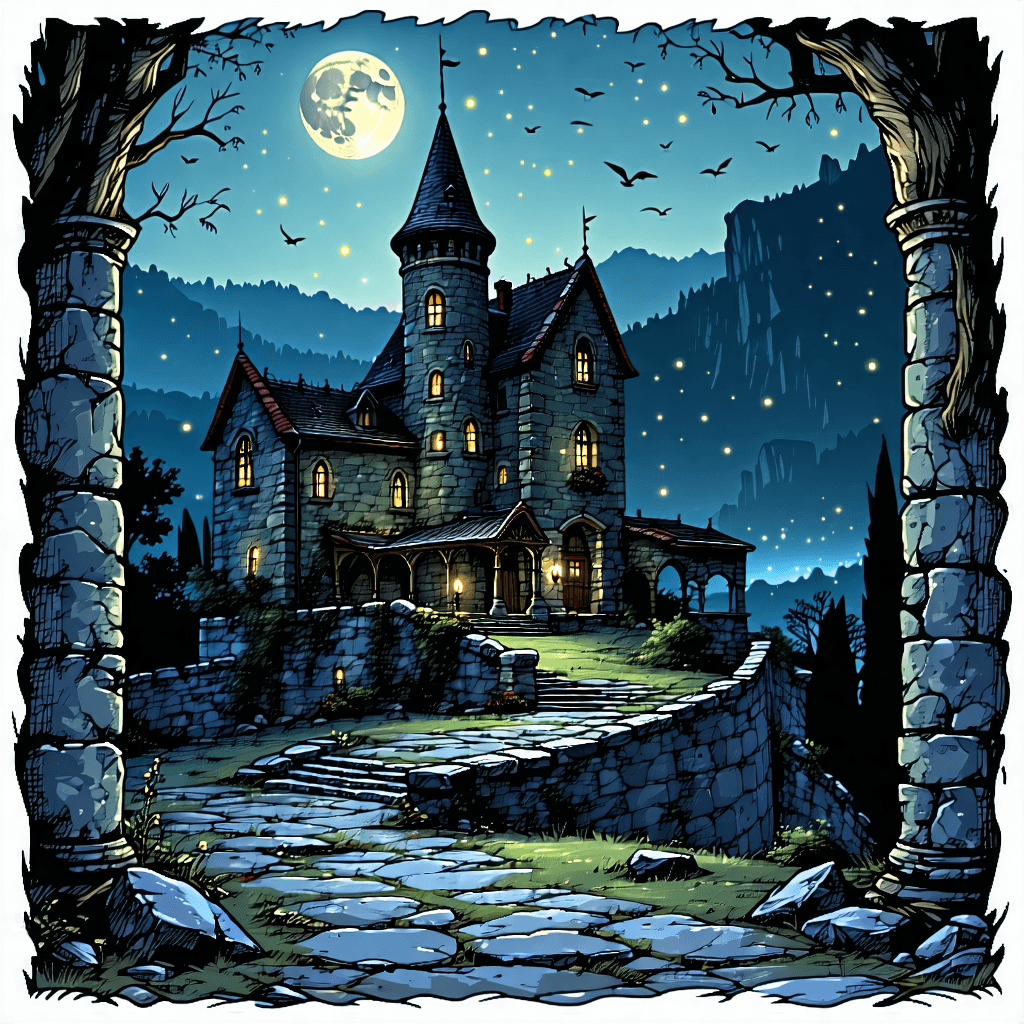 Craft a story illustration of Delphine’s ancient chateau, nestled near the Rhone, shrouded in the mystery of ages. The stone walls of this ancestral home are weathered, etched with intricate carvings that seem to whisper tales of the past. Capture the eerie play of light and shadows across these walls, with moonlight filtering through misty windows to reveal floating dust particles dancing in the air, reminiscent of a time frozen. The night ambiance is palpable, evoking a sense of isolation in the sparse, overgrown courtyard, where twisted trees and tangled ivy seem to creep with life. Lanterns glow softly, casting deep shadows and flickering light, enhancing the architectural beauty of wrought iron gates adorned with mystical motifs. A haunting color palette of deep blues, purples, and blacks, illuminated by subtle hints of ghostly white, sets a chilling scene. Within this setting, integrate the subtle reflection of a woman’s silhouette in mirrors, suggesting Delphine’s lingering presence. This image should not only evoke the ancient atmosphere but also the mysterious aura, contrasting light and dark, with a focus on subtle details, textures, and the symbolic imagery of isolation and elemental forces at play.
