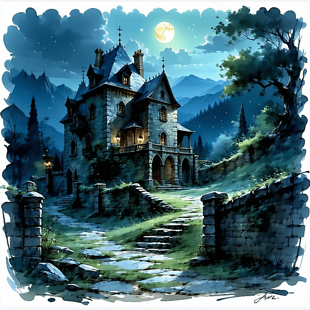 Craft a story illustration of Delphine’s ancient chateau, nestled near the Rhone, shrouded in the mystery of ages. The stone walls of this ancestral home are weathered, etched with intricate carvings that seem to whisper tales of the past. Capture the eerie play of light and shadows across these walls, with moonlight filtering through misty windows to reveal floating dust particles dancing in the air, reminiscent of a time frozen. The night ambiance is palpable, evoking a sense of isolation in the sparse, overgrown courtyard, where twisted trees and tangled ivy seem to creep with life. Lanterns glow softly, casting deep shadows and flickering light, enhancing the architectural beauty of wrought iron gates adorned with mystical motifs. A haunting color palette of deep blues, purples, and blacks, illuminated by subtle hints of ghostly white, sets a chilling scene. Within this setting, integrate the subtle reflection of a woman’s silhouette in mirrors, suggesting Delphine’s lingering presence. This image should not only evoke the ancient atmosphere but also the mysterious aura, contrasting light and dark, with a focus on subtle details, textures, and the symbolic imagery of isolation and elemental forces at play.