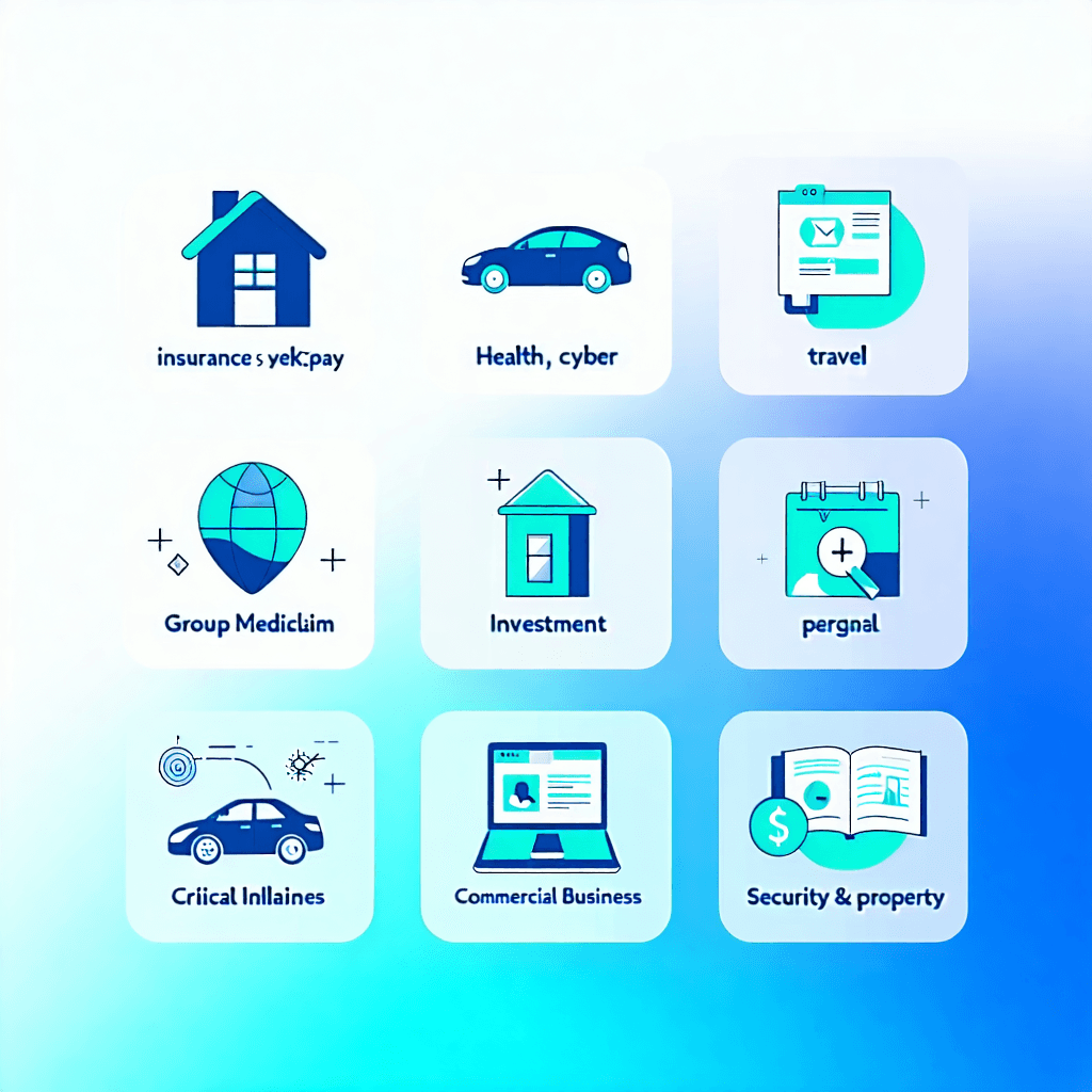 Craft an engaging Instagram ad that radiates modernity and professionalism, centered around the tagline 'Insurances with Yek7Pay'. This image should be set against a clean, minimalist gradient background transitioning smoothly from white to a soft, inviting blue, embodying trust and security. Incorporate a grid layout featuring flat icons representing Yek7Pay's diverse insurance services: Home, Cyber, Health, Vehicle, Travel, Group Mediclaim, Gadget, Marine, Investment, Critical Illness, Personal, and Commercial Business and Property Insurance. Each service icon should be accompanied by a stylish, easily readable sans-serif font, neatly organizing the information in a visually appealing manner. The overall design must highlight the tagline through the use of visual hierarchy, making it the focal point. Add a subtle linen texture overlay for depth, and ensure the brand logo is tastefully placed in the bottom right corner. For interaction, include a gradient 'Learn More' call-to-action button, and bring the service icons to life with subtle animation to captivate the viewer's attention. Lighting should be soft and ambient, enhancing the ad's inviting atmosphere without overwhelming the details.