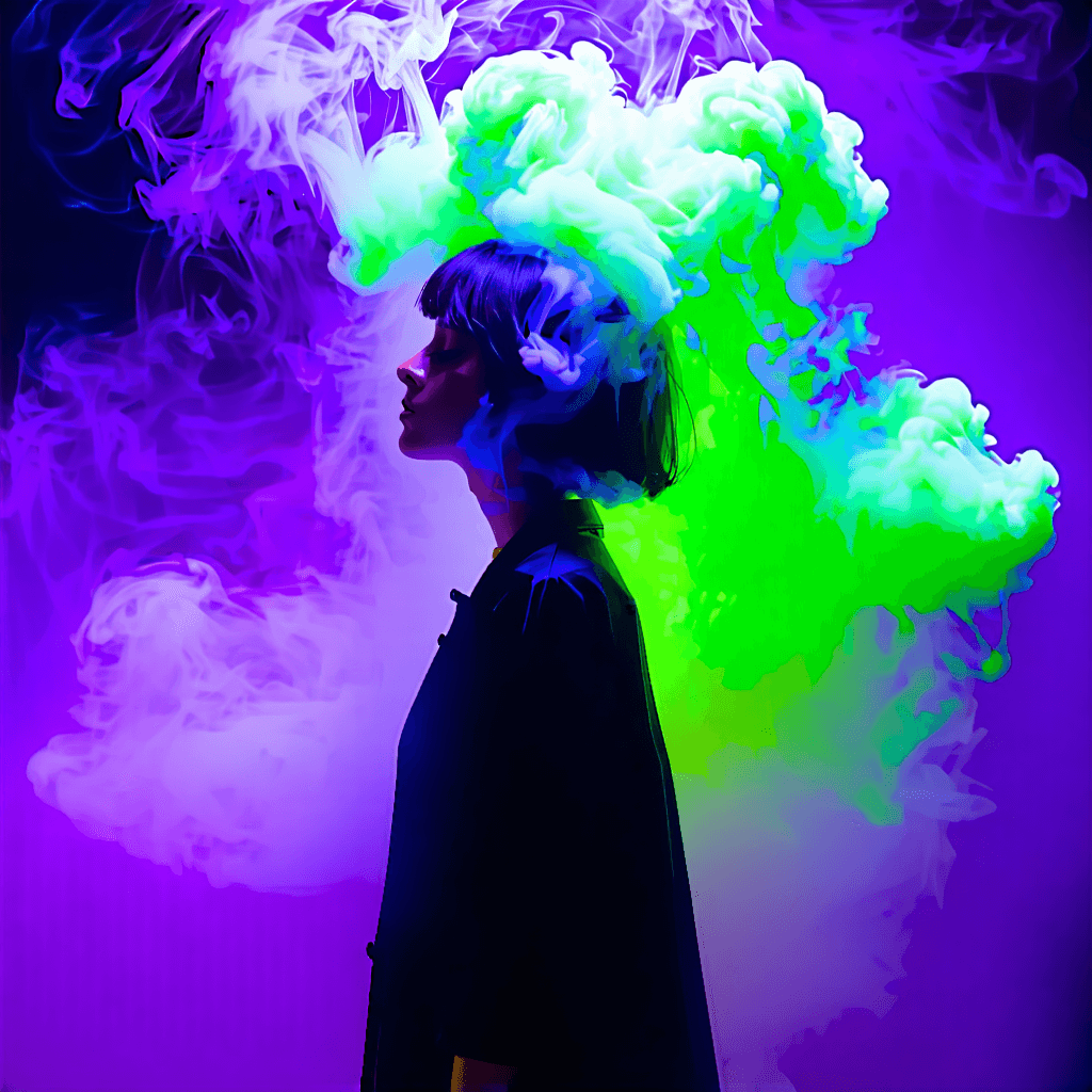Envision a surreal scene where a captivating anime girl becomes ensnared by the intangible grasp of a mind-controlling green smog cloud. This otherworldly tableau is bathed in a neon green and purple color palette, enhancing its dreamlike allure. Illuminate this scene with a glowing aura that emanates from both the smog and the girl, casting an ethereal glow that highlights the smoke and mist textures swirling around. Craft an abstract background that defies conventional perspective, adorned with asymmetrical composition to draw the viewer's eye through this fantastical narrative. Integrate subtle clock symbolism within the smog or the background, suggesting the manipulation of time or the girl's losing battle against it. This piece should evoke a sense of wonder and unease, merging the familiar with the surreal in a dance of color, light, and shadow.