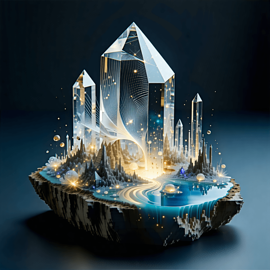 Craft a concept art piece that intricately weaves the ancient with the avant-garde, centered on Thorium (Th) as a metaphorical bridge. Foreground this vision with a hyper-realistic, glowing, silvery-blue Thorium crystal, its surface reflecting a metallic sheen, from which golden fractal waves emanate—these represent soft alpha particles. Within its crystalline depths, envision a molten salt reactor, its Thorium-232 fuel rods aglow in neon-blue, submerged in liquid fluoride, hinting at a core of relentless power. Surround this with decaying symbols of fossil fuel reliance, such as crumbling coal mines and shadowed oil rigs, contrasting sharply with the clean energy promise of Thorium. The midground should blur into a background dominated by a stormy Norse sky, where lightning bolts pay homage to Thor, illuminating a futuristic city alive with the glow from Thorium reactors, its buildings a geometric dance of neon lights. Weave Viking runes, particularly Thurisaz, into the reactor's design, and encircle it with nature's resurgence—vines and flowers—as a nod to sustainability. The overall style merges hyper-realism with touches of surrealism, employing a palette of metallic silver, neon blue, deep cosmic blacks, and gold. Lighting should cast soft ambient glows, drawing from the Thorium crystal, creating a scene rich with depth, symbolism, and technological marvel, all under a hopeful, mythically grand mood.