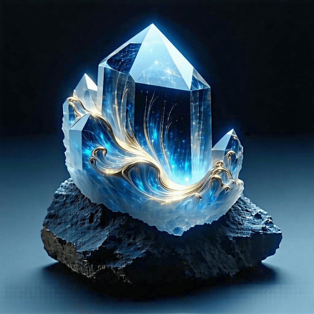 "Produce a piece of dark fantasy art that melds the archaic with the cutting-edge, using Thorium (Th) as a symbolic catalyst. Highlight this vision with an eerily luminescent, metallic-blue Thorium crystal in the foreground, its surface casting off a ghostlike sheen, with its diamond-like structure giving off golden, fractal-inspired waves—symbolic of fading alpha particles. Within the crystal's heart, depict a molten salt reactor, its Thorium-232