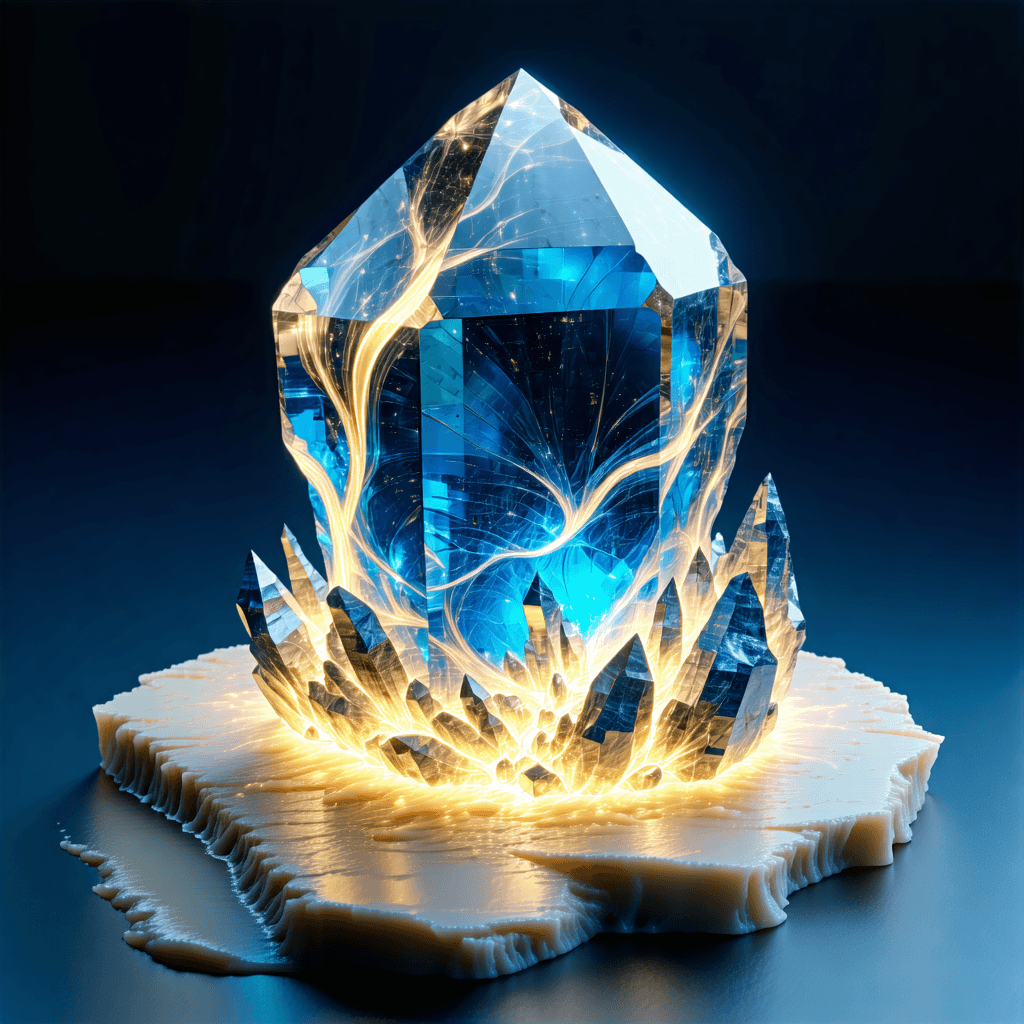 Create a photographic image that captures the serene yet mythic essence of a massive silvery-blue Thorium crystal floating above a reactor core, emitting golden fractal waves, with Mjölnir embedded at its apex. The scene is illuminated by soft ambient lighting, highlighting the intricate textures of crystal facets, molten Thorium-232 fuel rods dissolving into neon-blue liquid fluoride, and the weathered metal of Mjölnir, all under the rule of thirds composition. The midground reveals a futuristic Norse forge-inspired reactor core, with sleek obsidian-black pillars and neon-blue fluoride flowing into turbines, underlined by glass pipes reflecting the surrounding metallic tones. The background unfolds into an underground chamber with hexagonal graphene panels, where silhouetted workers monitor the reactor’s efficiency, and the open ceiling reveals a starry cosmos, connecting the scene to celestial mythology. The color palette should emphasize metallic silver, neon blue, cosmic black, and gold accents, ensuring a harmonious blend of ancient power and atomic progress, with detailed rune engravings on Mjölnir and a holographic Yggdrasil symbolizing sustainable growth. Aim for hyper-realism with subtle surreal elements, ensuring high detail, sharp focus, and cinematic composition, while integrating special effects like fractal energy glow and reflections that enhance the visual narrative and environmental detailing.