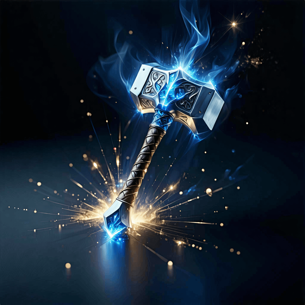 Craft a high-contrast digital artwork that encapsulates the fusion of Norse mythology and modern energy technology, centered around Thorium (Th). The focal point is Mjölnir, Thor's hammer, reimagined from glowing Thorium metal with silvery-blue hues and textured with crystalline fissures. It emits alpha particle sparks, resembling golden fractal trails, and rests on an anvil shaped like Thorium's atomic nucleus, detailed with 90 protons and subtle electron orbitals. Below, a molten salt reactor core, with neon-blue liquid Thorium-232 fuel, powers a futuristic city. The ground, cracked, reveals fossil fuels being overpowered by Mjölnir. The background boasts a stormy Norse sky, with lightning energizing Thorium-powered turbines and solar arrays, and Viking longships silhouette against a clean energy horizon. Mjölnir is inscribed with '90' and the Thurisaz rune, under an intense spotlight that highlights its energy glow. The artwork, in cinematic realism with mythic elements, uses a palette of electric blue, stormy gray, molten gold, and metallic silver, enhancing the dramatic, transformative mood with dynamic lighting and atmospheric effects.
