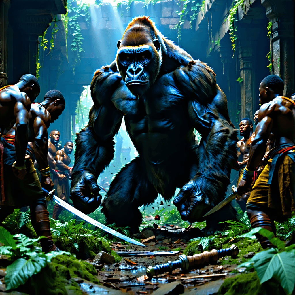 Craft a cinematic photograph capturing a moment of epic confrontation where 100 famous unarmed men engage in a desperate struggle against a towering gorilla. Illuminate this scene with dramatic lighting, casting strong shadows that carve out the tension and dynamism of the encounter. Position the perspective from a wide-angle lens shot from a low angle, emphasizing the gorilla's imposing stature over the men. The battleground is littered with broken debris and wild vegetation, enhancing the chaos. In the foreground, a fallen weapon or shield, symbolizing the hopelessness of the fight. Capture the fighters' expressions, a mix of determination and fear, with sweat glistening on their skin, highlighted by a desaturated color grading with a hint of red to intensify the mood. Introduce a shallow depth of field to blur the background, drawing focus to the action and the central figures. Incorporate motion blur to suggest swift, frantic movement. Lastly, include a symbolic broken watch or clock, hinting at the critical moment of the battle. This imagery should be rendered in 8k resolution, showcasing highly detailed textures, professional photography quality, and a cinematic composition that brings the scene to life.