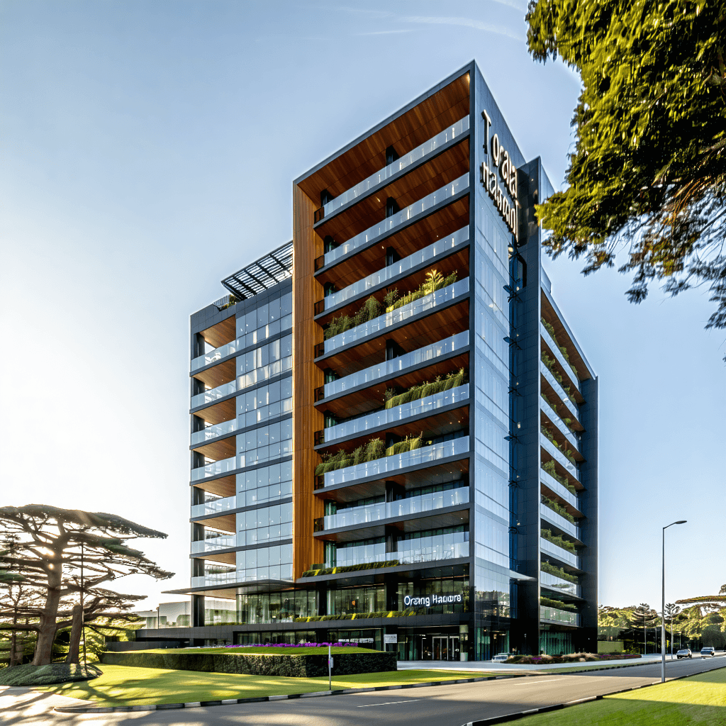 "A modern 25-storey healthcare complex called Te Oranga Hauora, located near Auckland Airport. The building features sleek glass walls, rooftop gardens, and elements of traditional Māori architecture carved into the exterior. The design is futuristic and eco-friendly, with natural wood and stone textures. The surrounding area includes landscaped gardens, wide pedestrian paths, and nearby transport links. Bright daylight setting, showcasing the full height and innovative design of the building futuristic ."